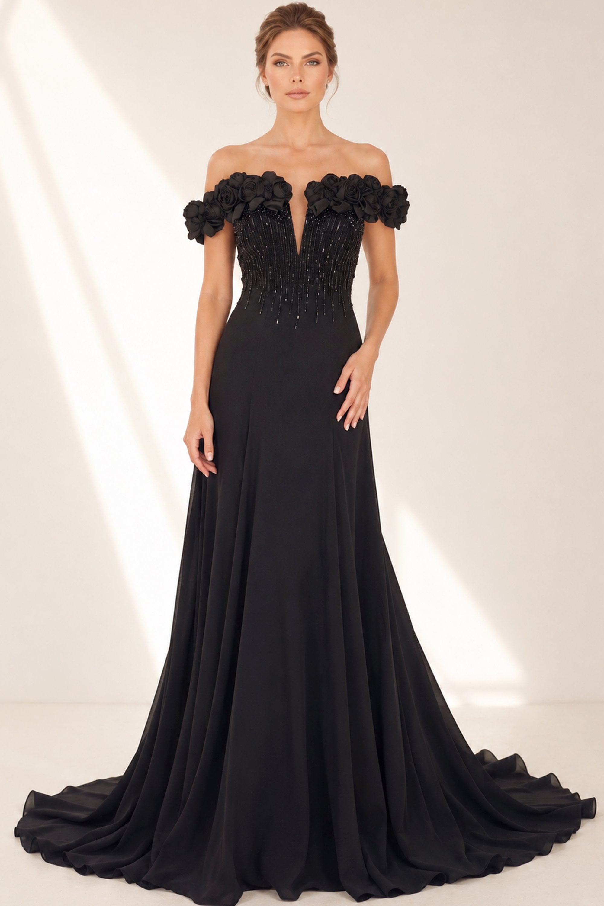 Black Off-the-Shoulder Floor-Length Chiffon Prom Dress Gown Jovani 50212