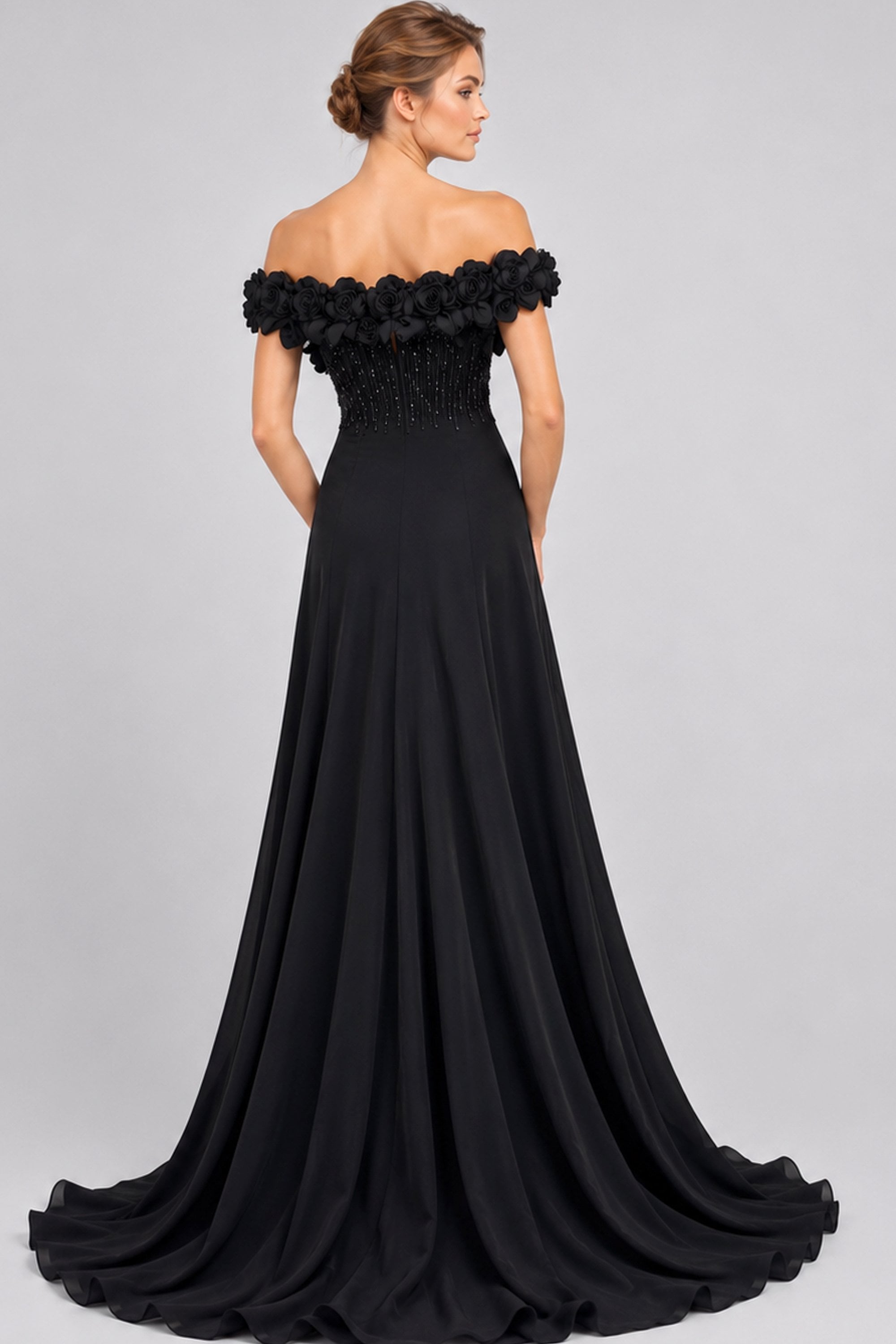 Black Off-the-Shoulder Floor-Length Chiffon Prom Dress Gown Jovani 50212