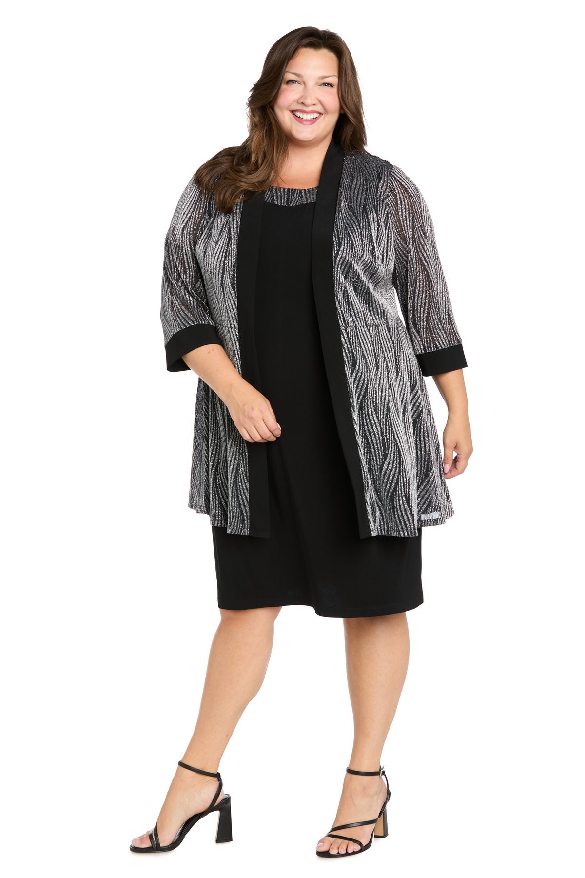 Square Neck Knee Length Jersey Cocktail Dress by R&M Richards 5023W in Black/Silver