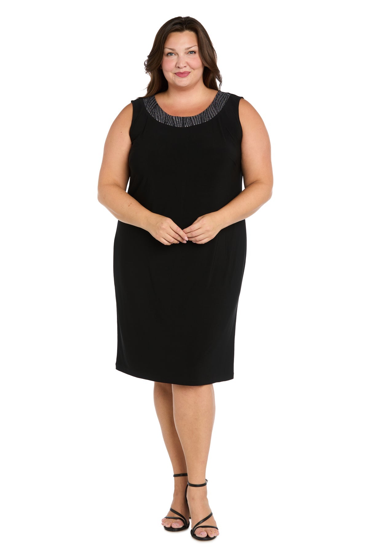 Square Neck Knee Length Jersey Cocktail Dress by R&M Richards 5023W in Black/Silver