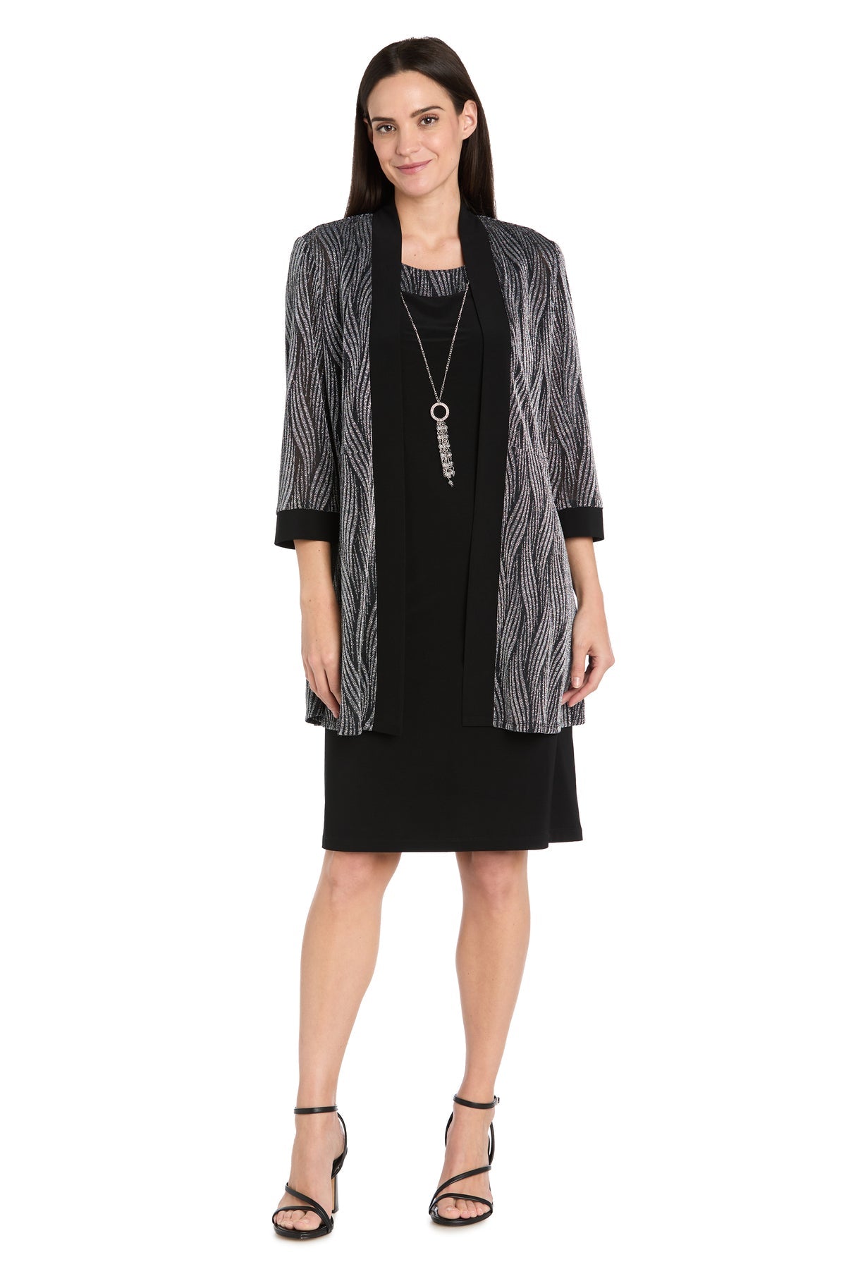 Shawl Collar Knee-Length Jacket Dress by R&M Richards 5023 in Black/Silver