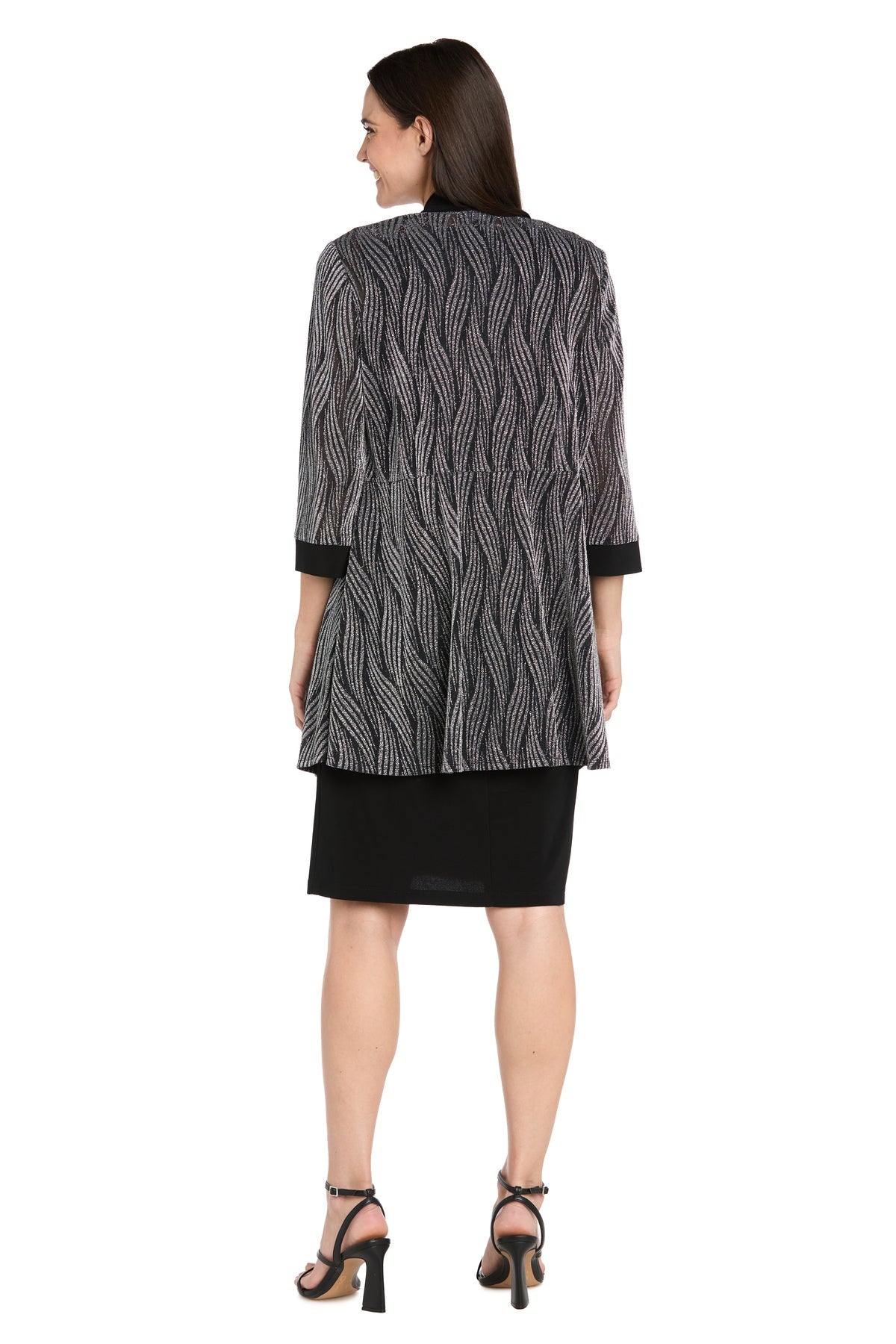 Shawl Collar Knee-Length Jacket Dress by R&M Richards 5023 in Black/Silver