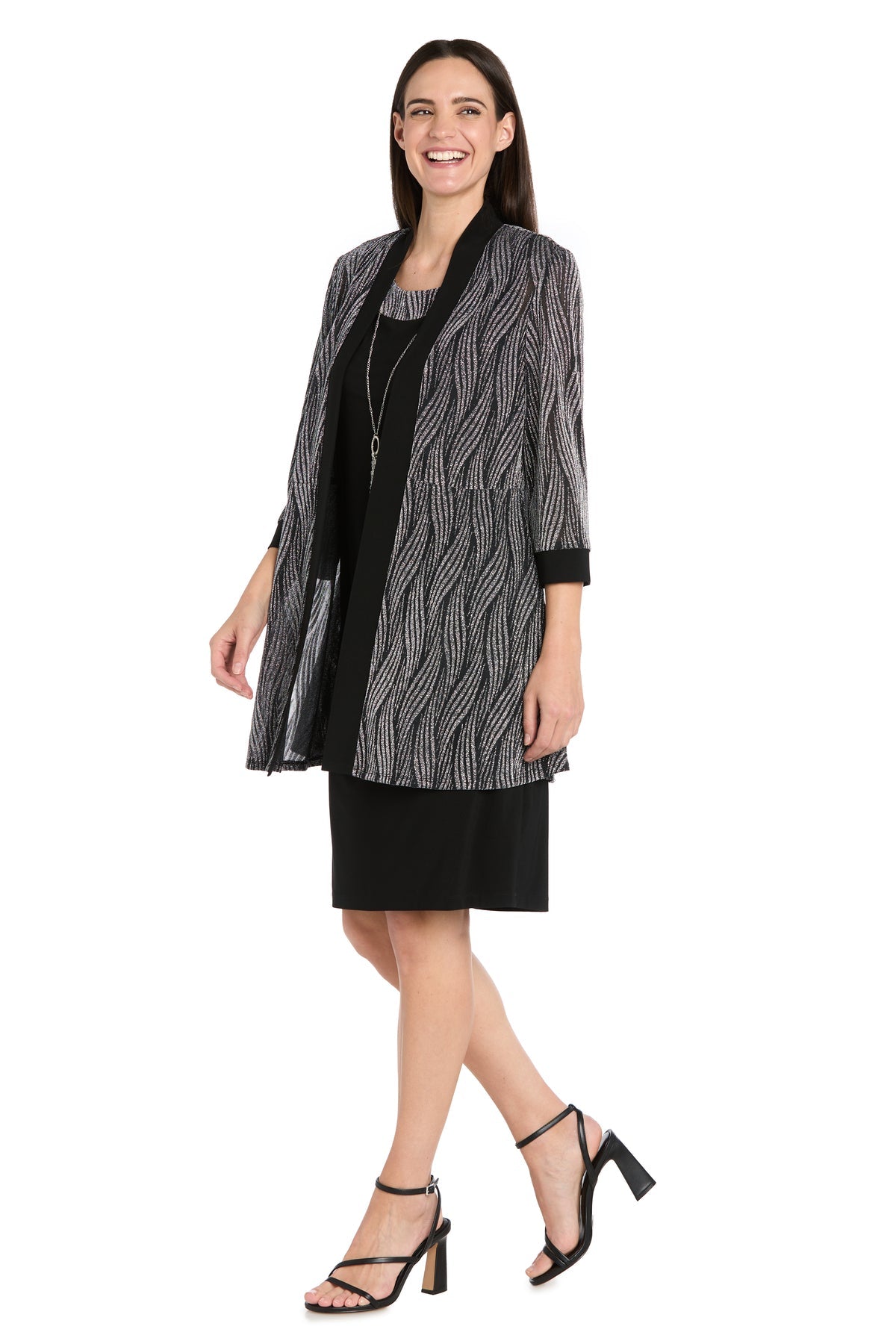 Shawl Collar Knee-Length Jacket Dress by R&M Richards 5023 in Black/Silver