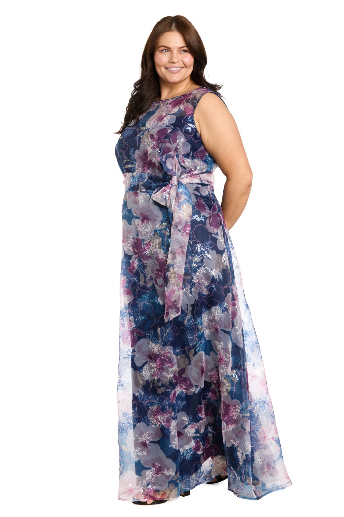 Bateau Sleeveless Floral Chiffon Evening Gown by R&M Richards 5025W in Navy/Mauve