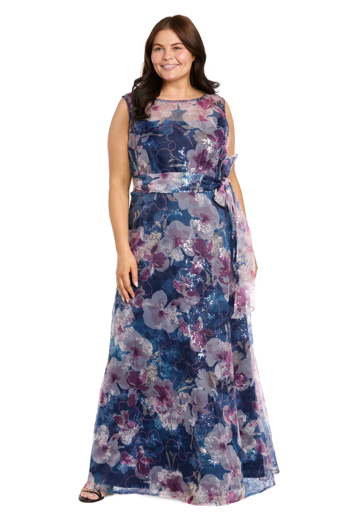 Bateau Sleeveless Floral Chiffon Evening Gown by R&M Richards 5025W in Navy/Mauve