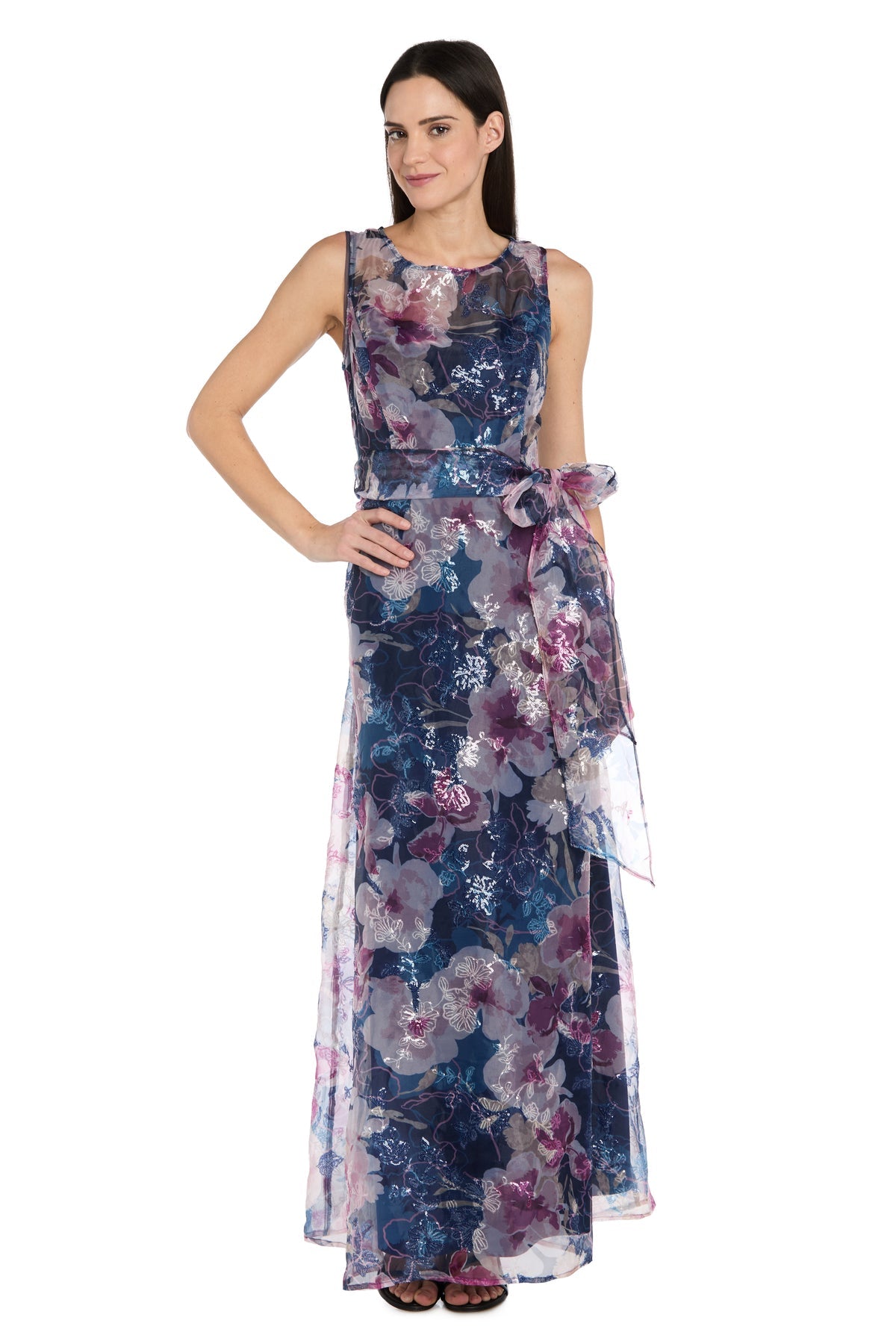 Round Neck Long Floral Evening Dress by R&M Richards 5025P in Navy/Mauve