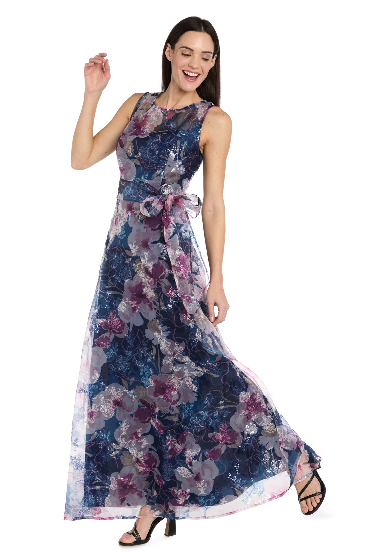 Floral Maxi Chiffon Evening Gown by R&M Richards 5025 in Navy/Mauve