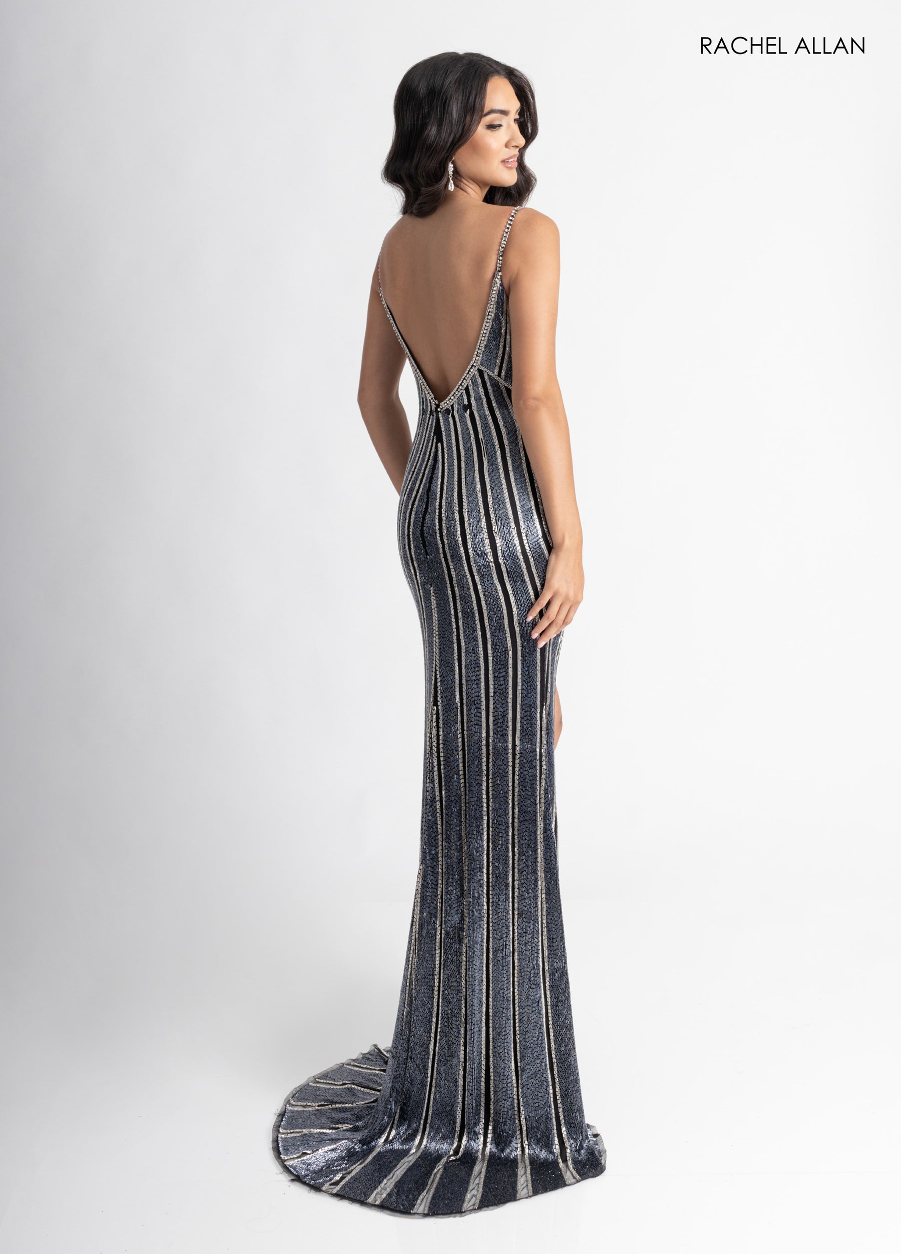 Prom Dresses Long Slit Beaded Formal Prom Dress Black Gunmetal Silver