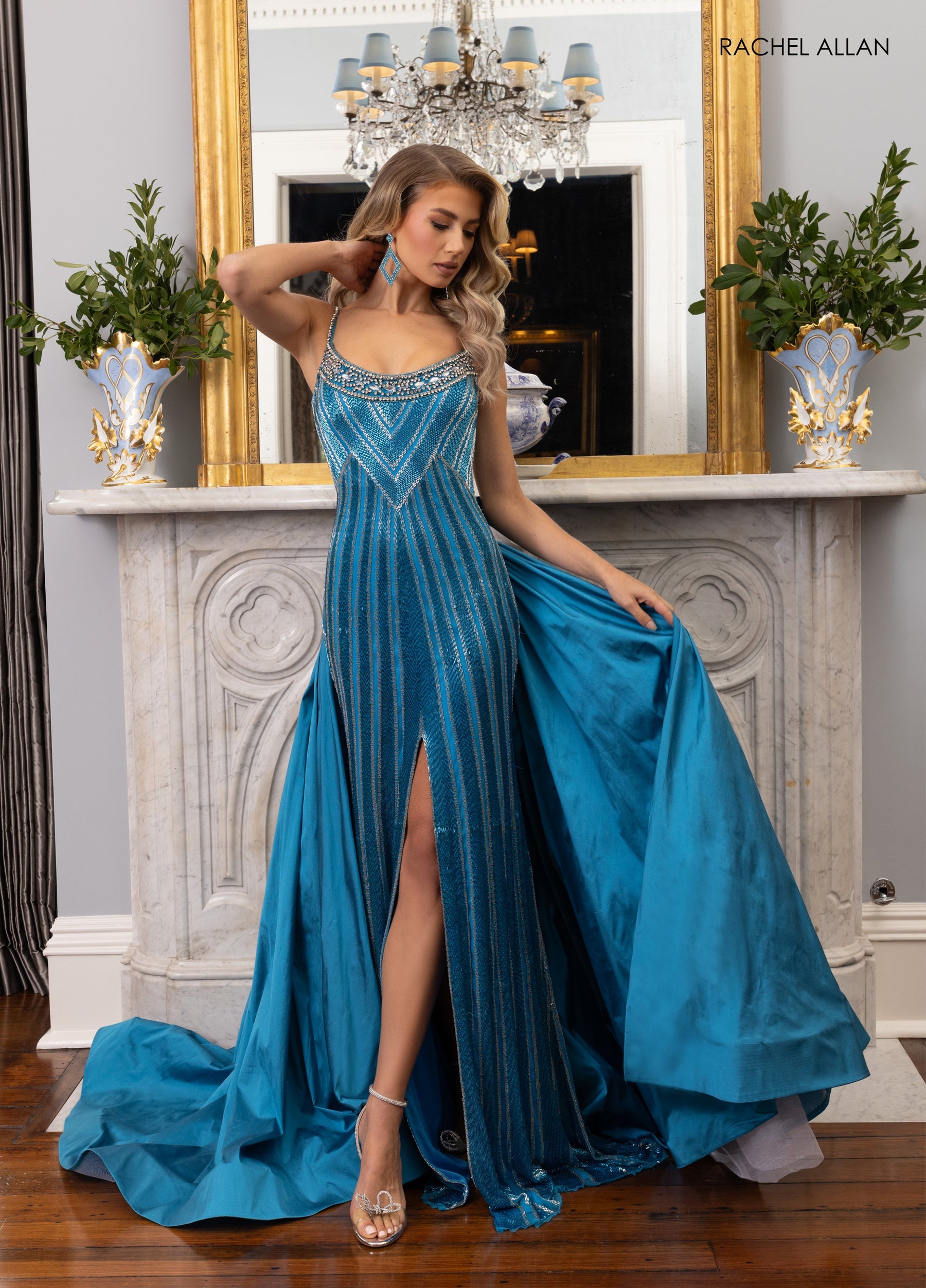 Prom Dresses Long Slit Beaded Formal Prom Dress Turquoise Silver