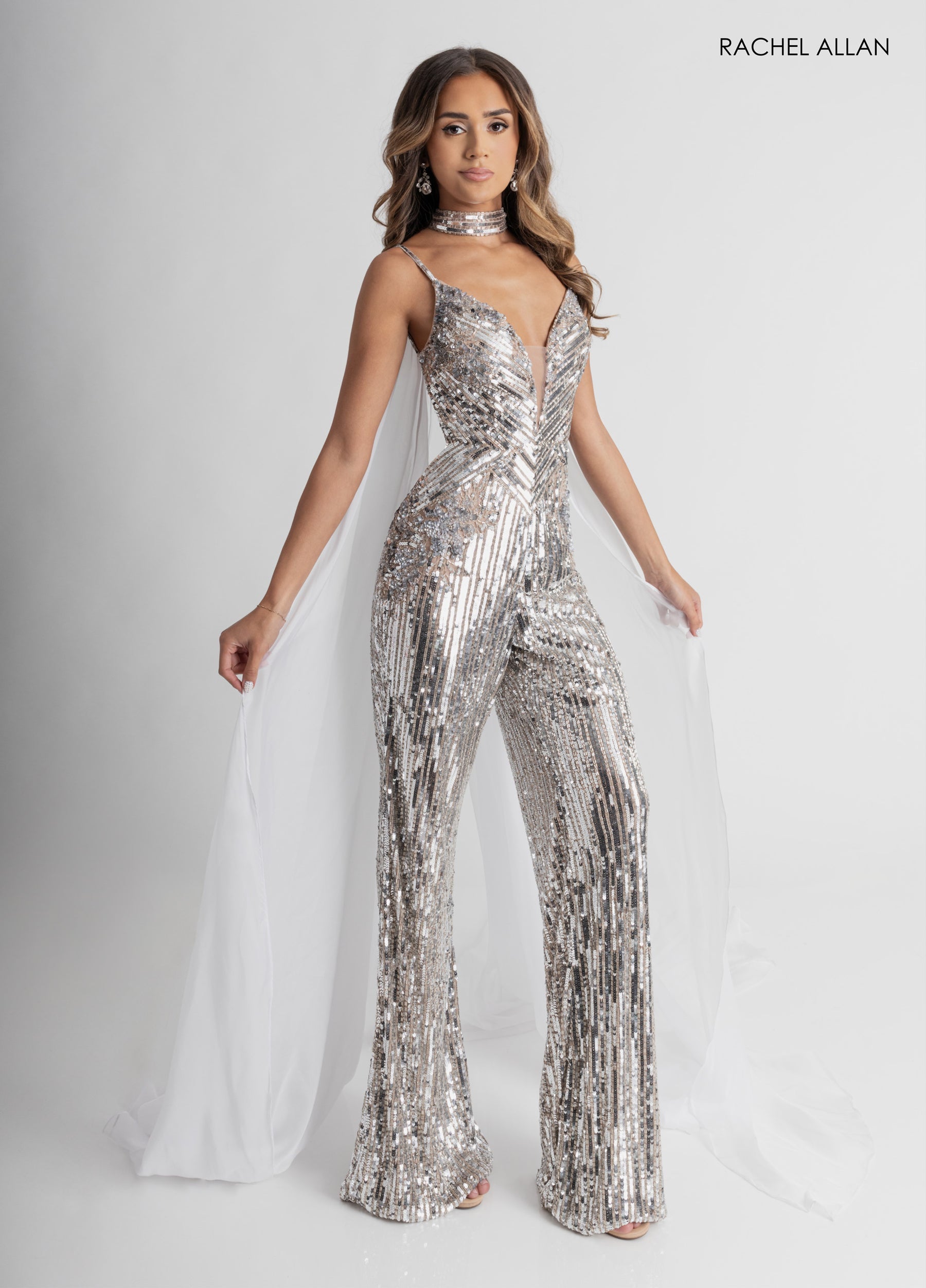 Jumpsuit Long Formal Sequin Jumpsuit Nude Silver White
