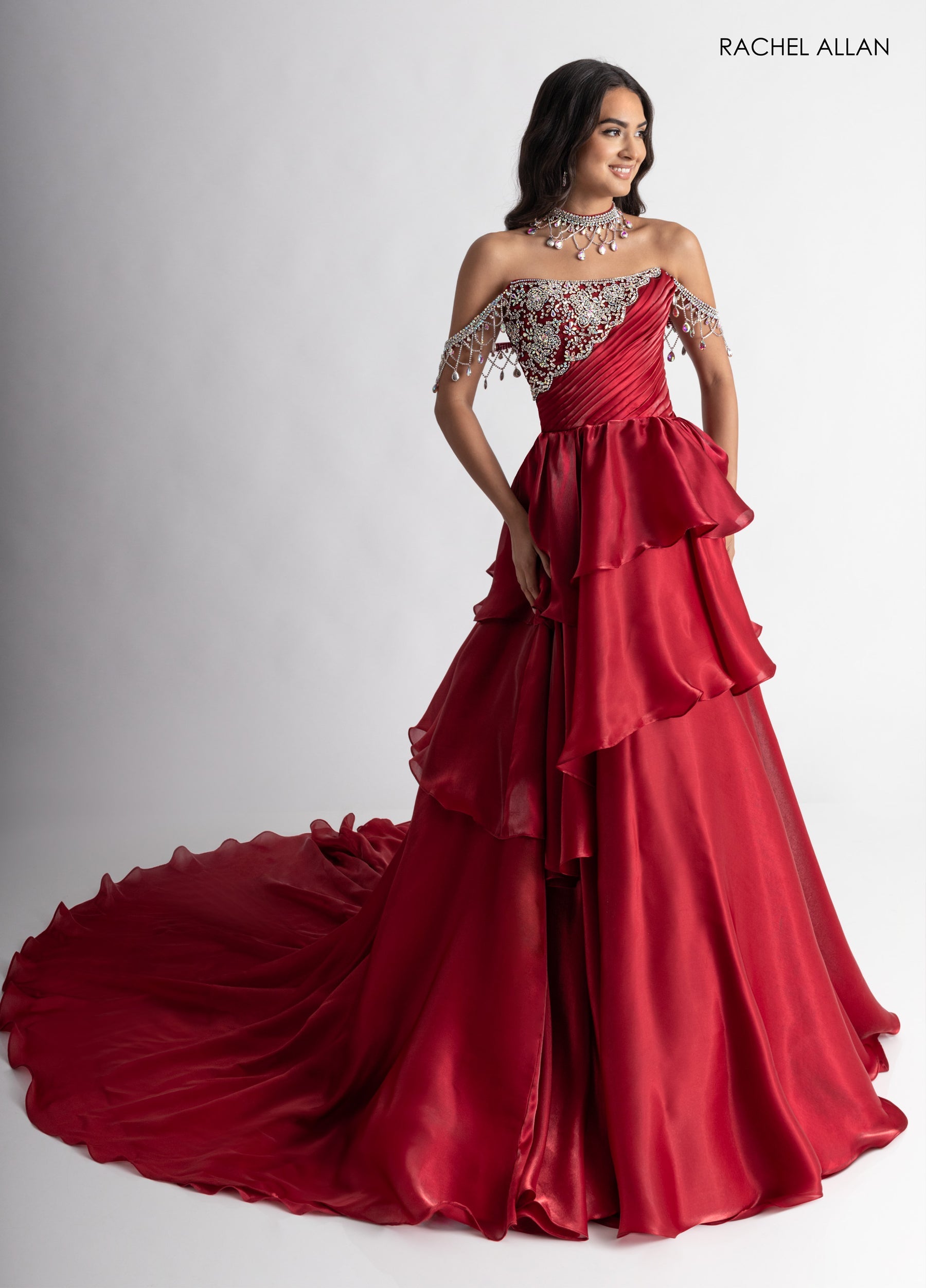 Formal Dresses Long Formal Beaded Ruffle Ball Gown Crimson