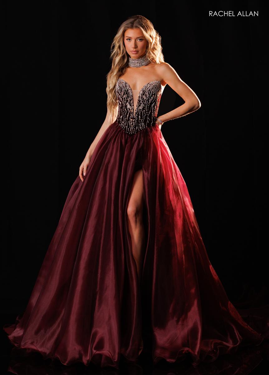 Strapless Curved Neck Floor-Length Satin Prom Ball Gown Rachel Allan 50434
