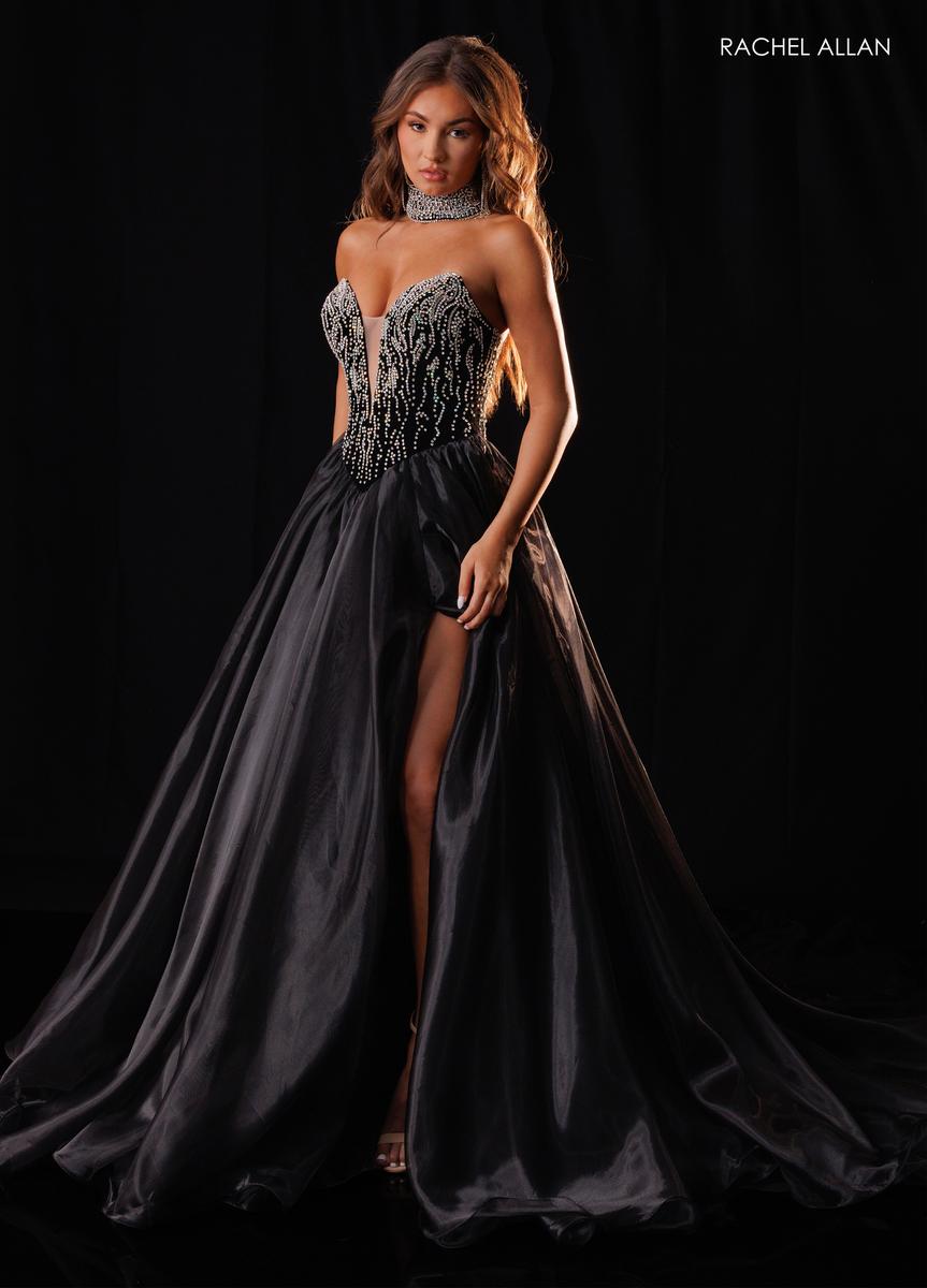Strapless Curved Neck Floor-Length Satin Prom Ball Gown Rachel Allan 50434