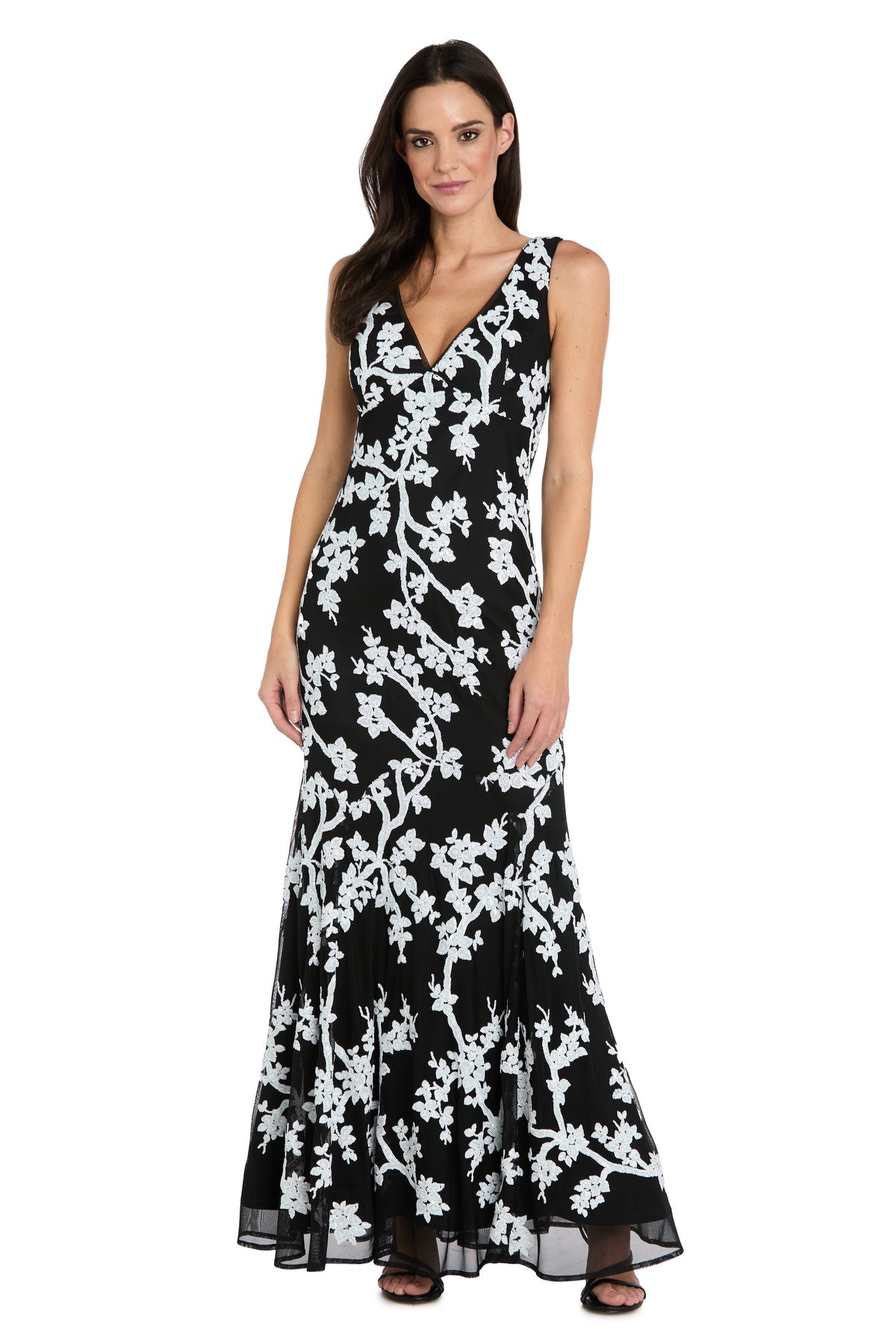Formal Dresses Sequin Long Floral Evening Formal Dress R&M Richards 5055 Black/White