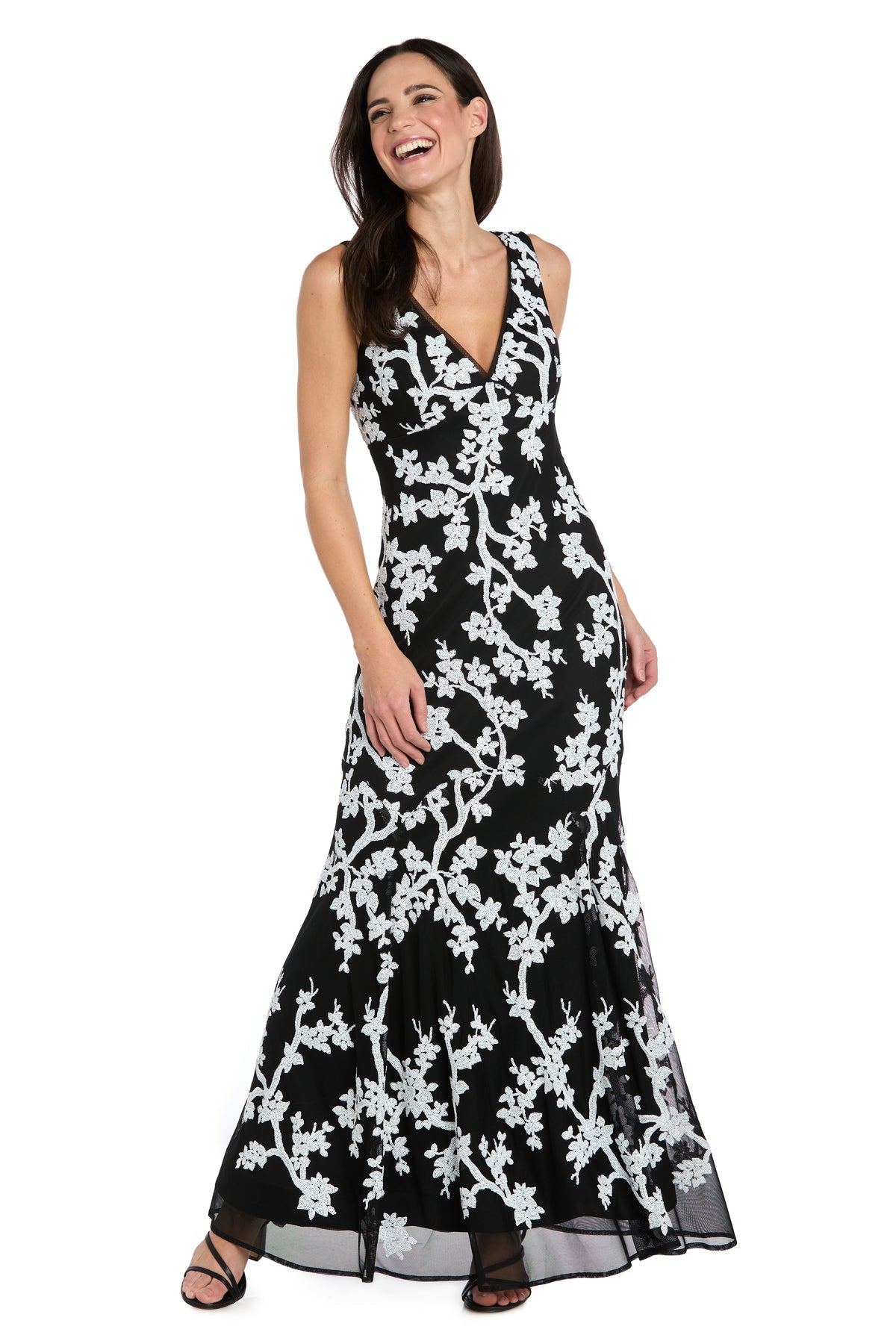 Formal Dresses Sequin Long Floral Evening Formal Dress R&M Richards 5055 Black/White
