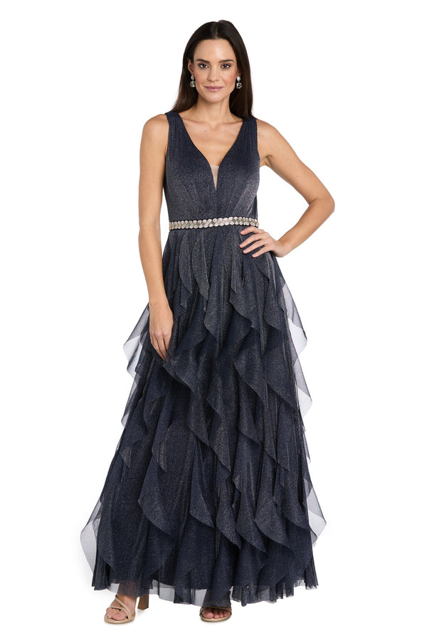 V-Neck Long Glitter Tulle Evening Gown by R&M Richards 5069