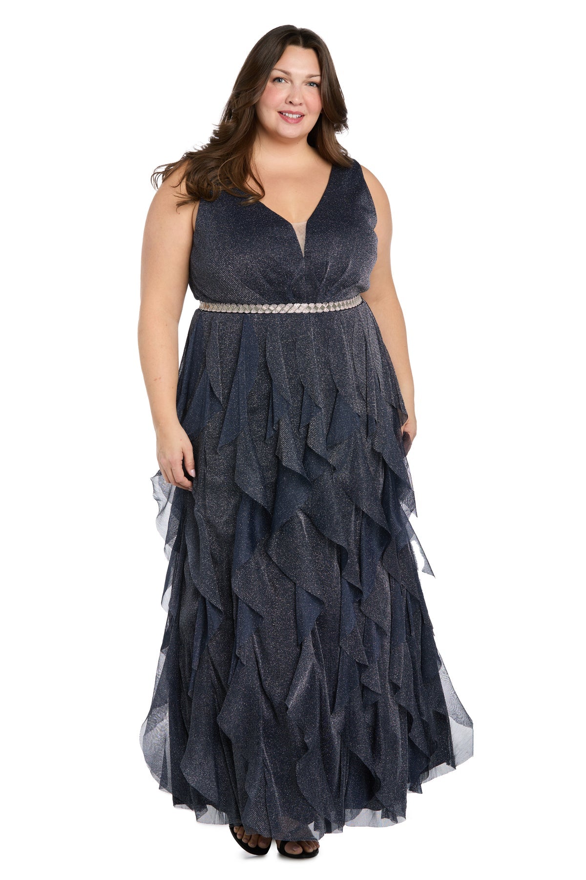 V-Neck Long Glitter Mesh Evening Gown by R&M Richards 5069W in Navy/Silver