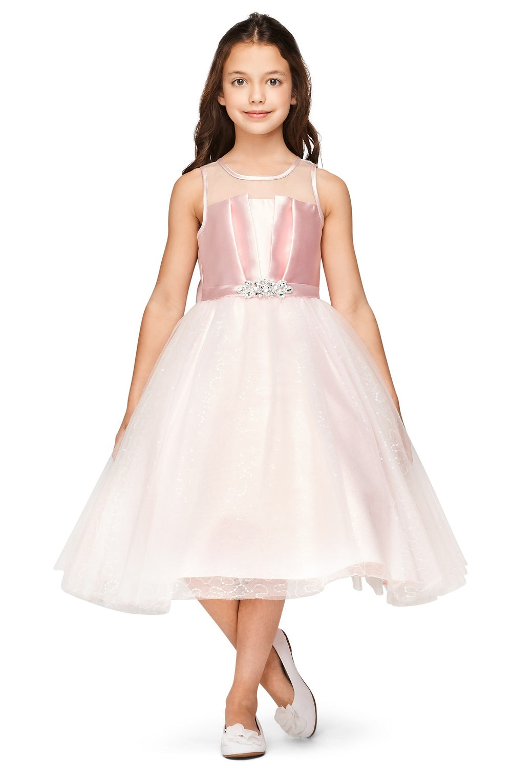 Pink Illusion Tea Length Tulle Flower Girl Dress with Rhinestone Waist Brooch Cinderella Couture 5076N