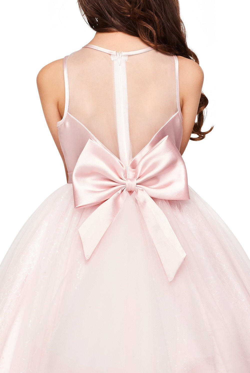Pink Illusion Tea Length Tulle Flower Girl Dress with Rhinestone Waist Brooch Cinderella Couture 5076N