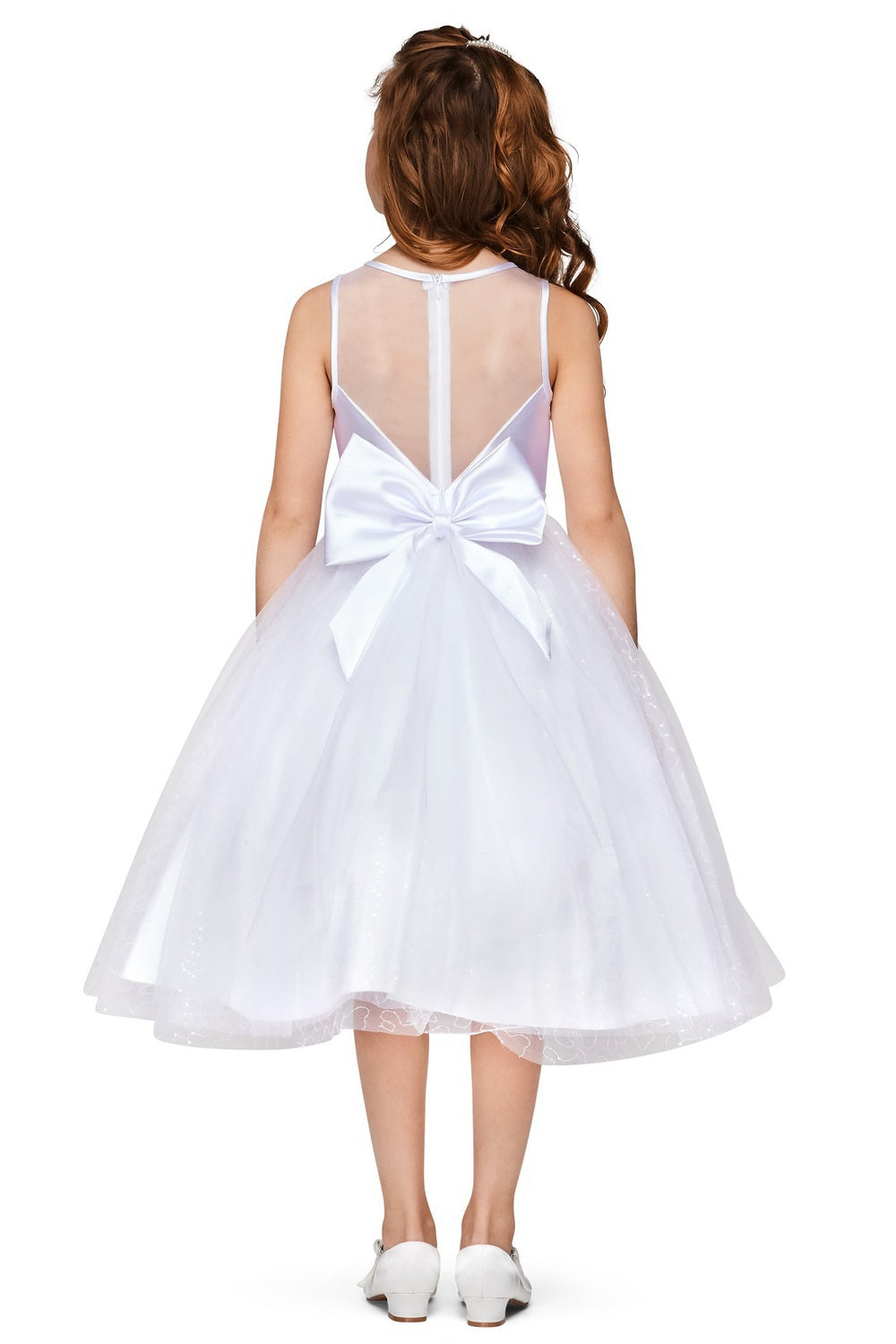 White Illusion Tea Length Tulle Flower Girl Dress with Rhinestone Waist Brooch Cinderella Couture 5076N