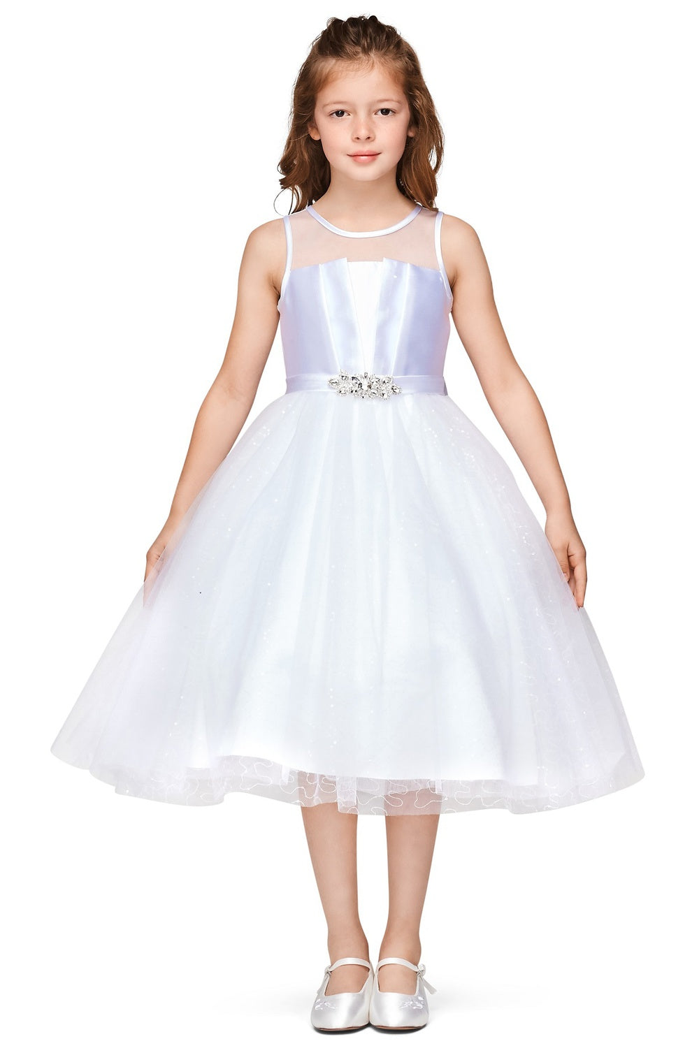 White Illusion Tea Length Tulle Flower Girl Dress with Rhinestone Waist Brooch Cinderella Couture 5076N