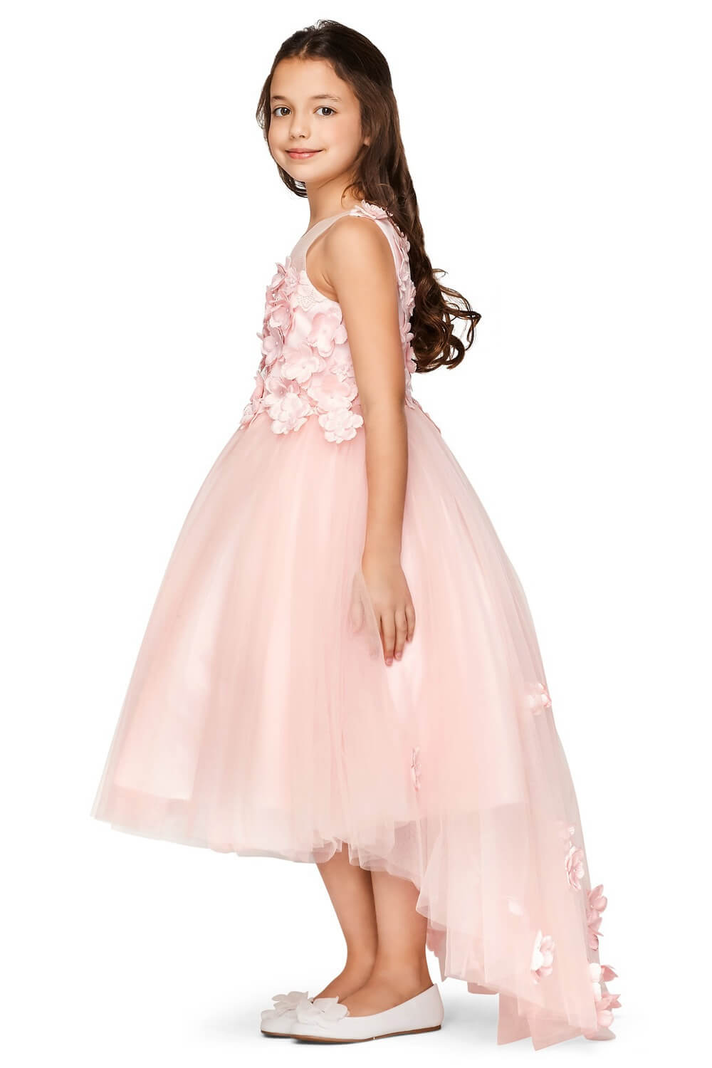 Pink Illusion Tea Length Tulle Flower Girl High Low Dress with 3D Floral Lace Bodice Cinderella Couture 5077N