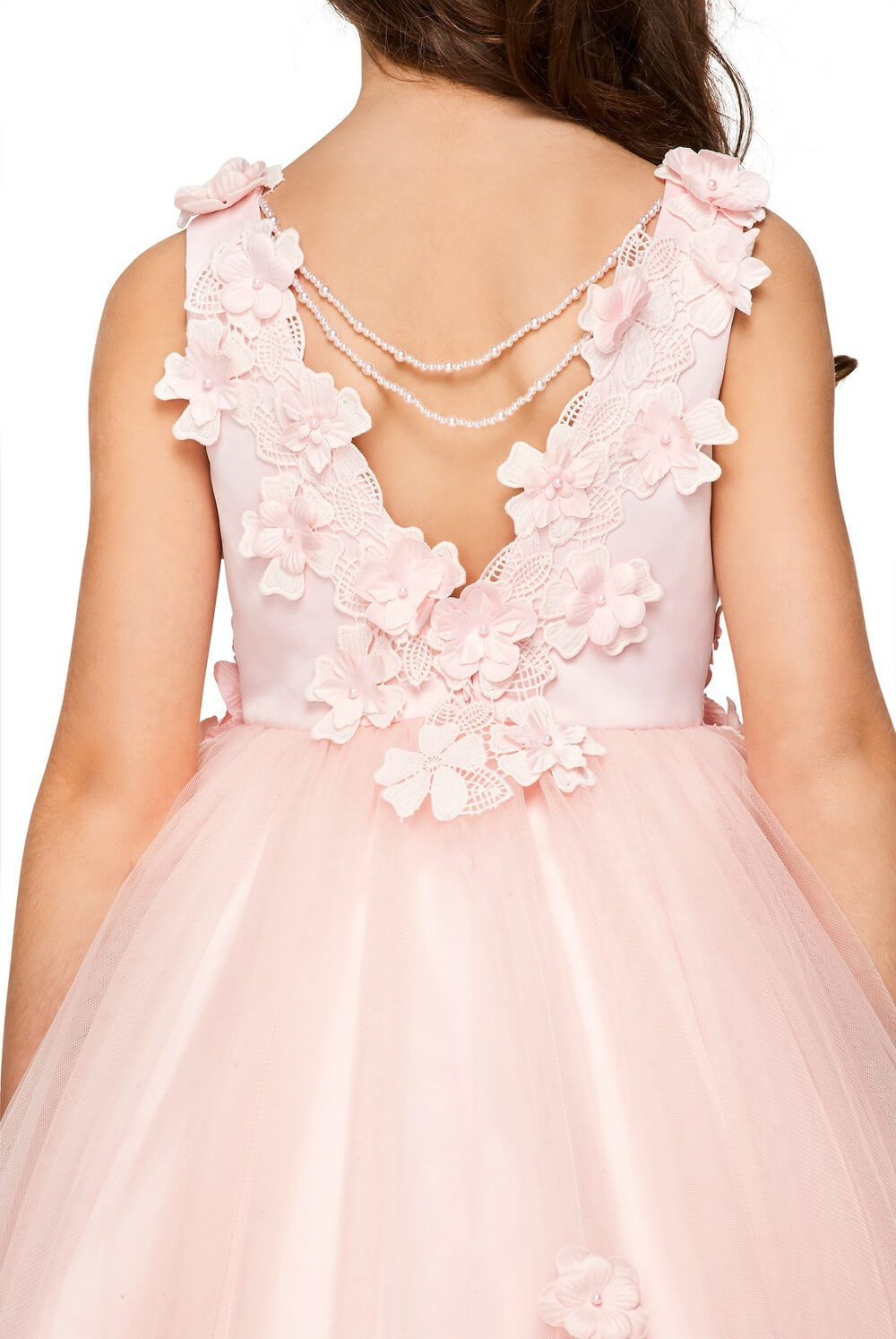 Pink Illusion Tea Length Tulle Flower Girl High Low Dress with 3D Floral Lace Bodice Cinderella Couture 5077N