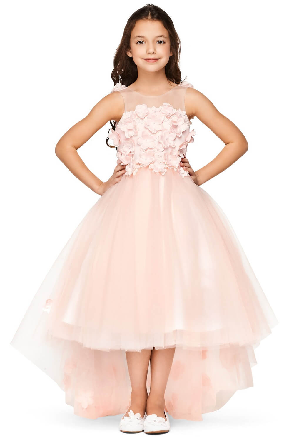 Pink Illusion Neck Tea Length Tulle Wedding High Low Dress with 3D Floral Applique Cinderella Couture 5077X