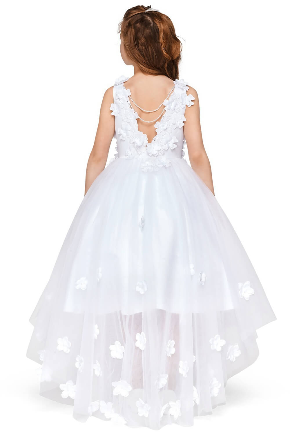 White Illusion Tea Length Tulle Flower Girl High Low Dress with 3D Floral Lace Bodice Cinderella Couture 5077N