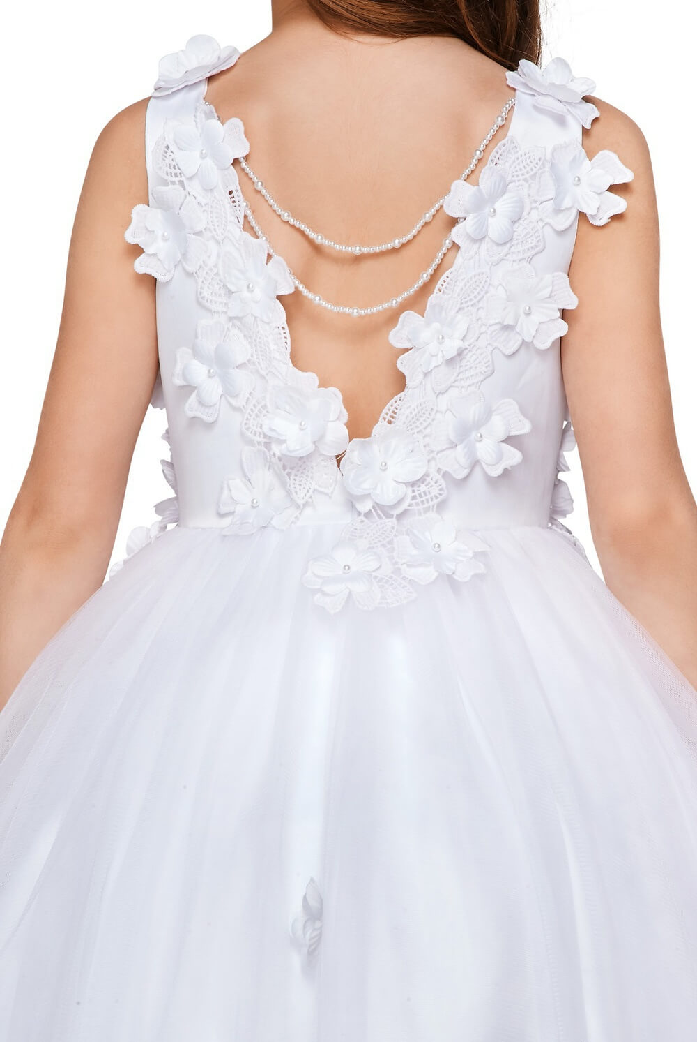 White Illusion Tea Length Tulle Flower Girl High Low Dress with 3D Floral Lace Bodice Cinderella Couture 5077N