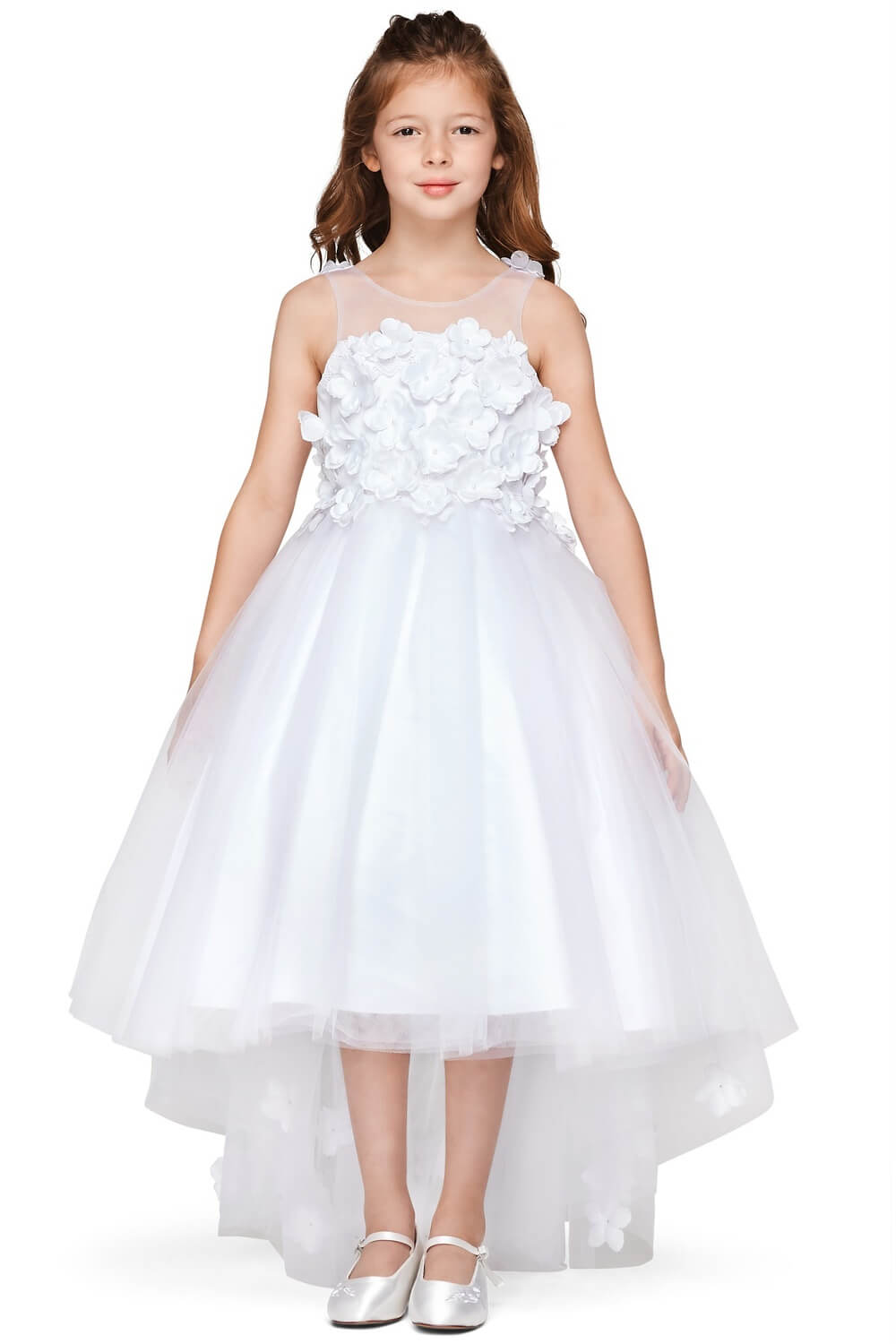 White Illusion Tea Length Tulle Flower Girl High Low Dress with 3D Floral Lace Bodice Cinderella Couture 5077N
