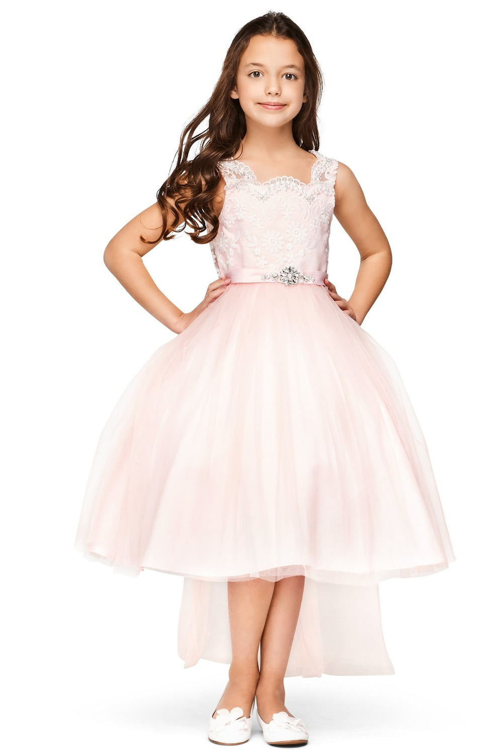 Pink Scoop Neck Tea Length Lace Tulle Flower Girl Dress with Rhinestone Waist Detail Cinderella Couture 5079N