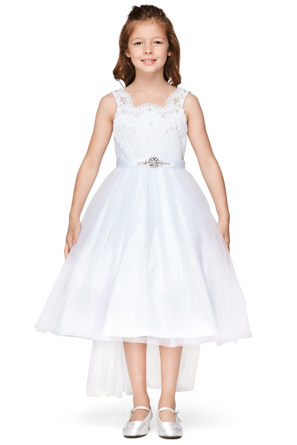 White Scoop Neck Tea Length Lace Tulle Flower Girl Dress with Rhinestone Waist Detail Cinderella Couture 5079N