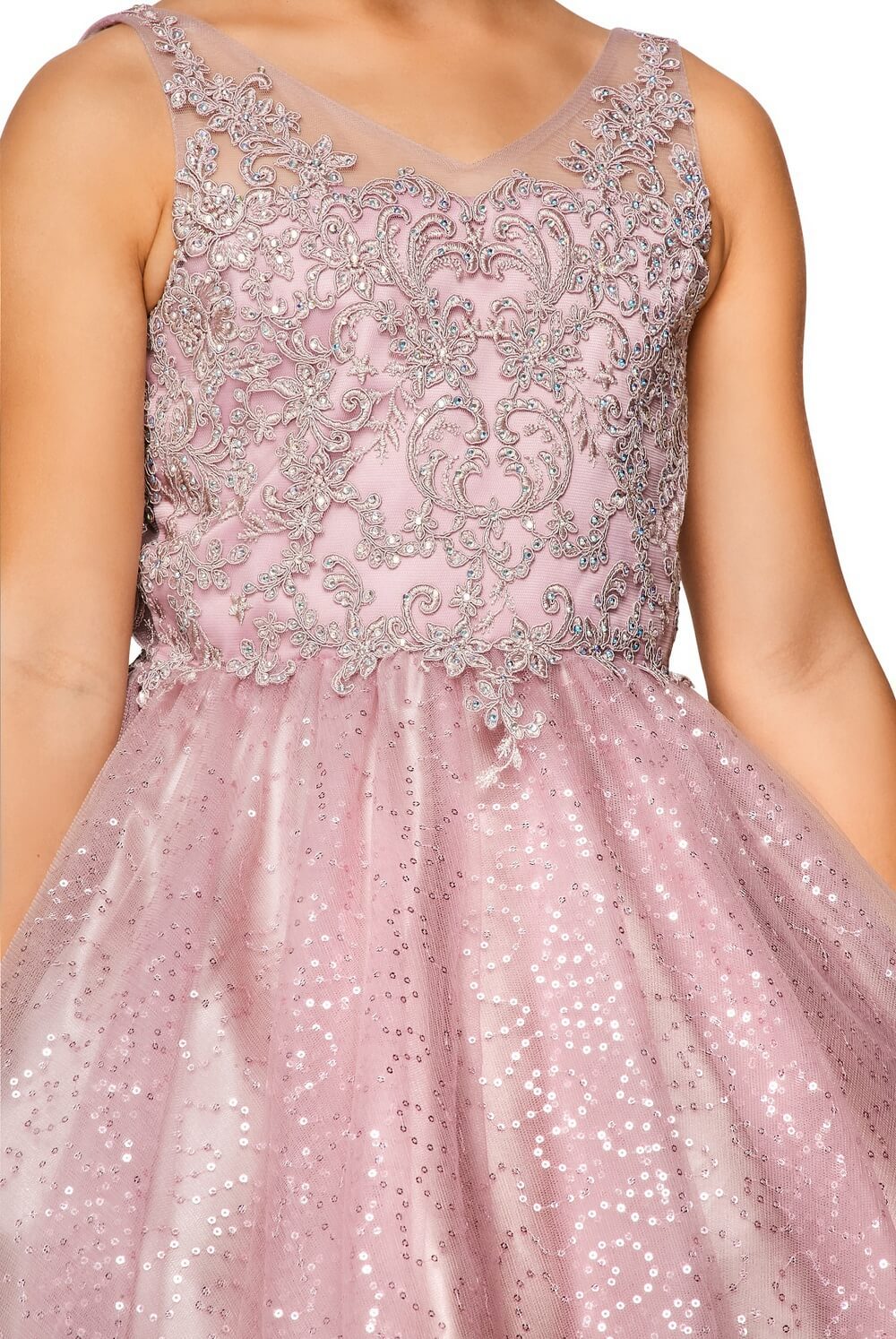 Mauve V Neck Short Sequin Tulle Flower Girl Party Dress with Beaded Bodice Cinderella Couture 5088