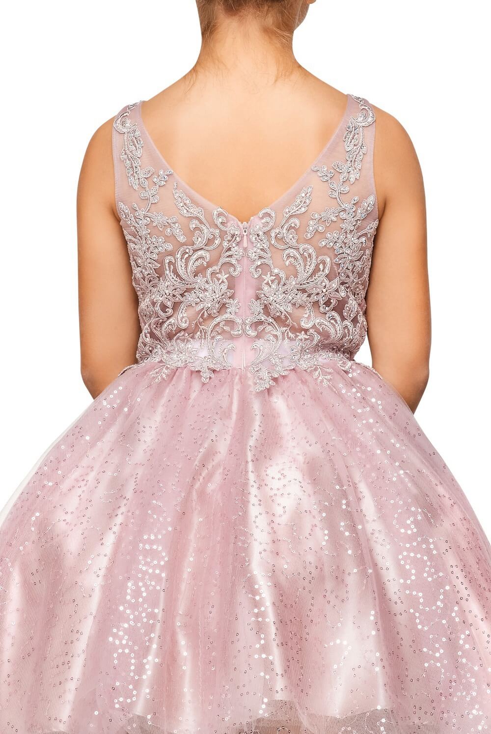 Mauve V Neck Short Sequin Tulle Flower Girl Party Dress with Beaded Bodice Cinderella Couture 5088