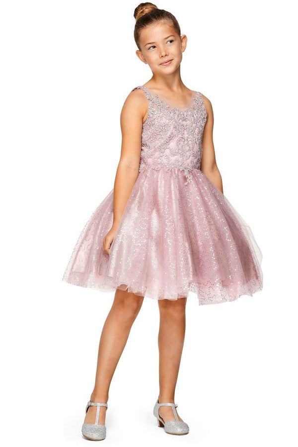 V Neck Short Sequin Tulle Flower Girl Party Dress with Beaded Bodice Cinderella Couture 5088