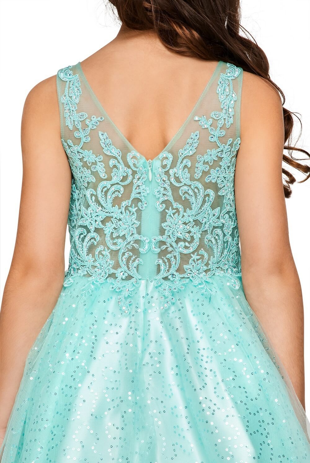 Mint V Neck Short Sequin Tulle Flower Girl Party Dress with Beaded Bodice Cinderella Couture 5088