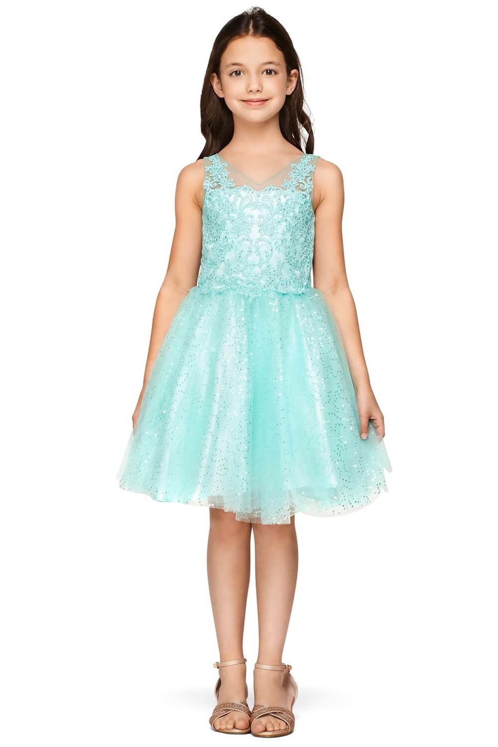 Mint V Neck Short Sequin Tulle Flower Girl Party Dress with Beaded Bodice Cinderella Couture 5088