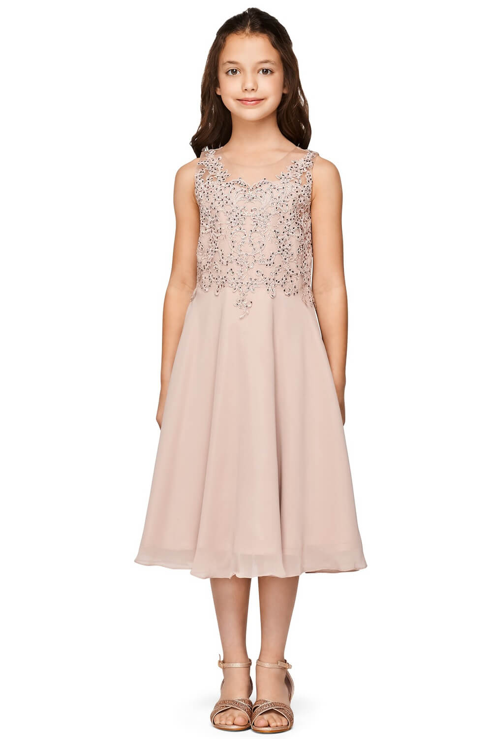 Taupe V Neck TMidi Length Chiffon Flower Girl Party Dress with Rhinestone Lace Bodice Cinderella Couture 5089