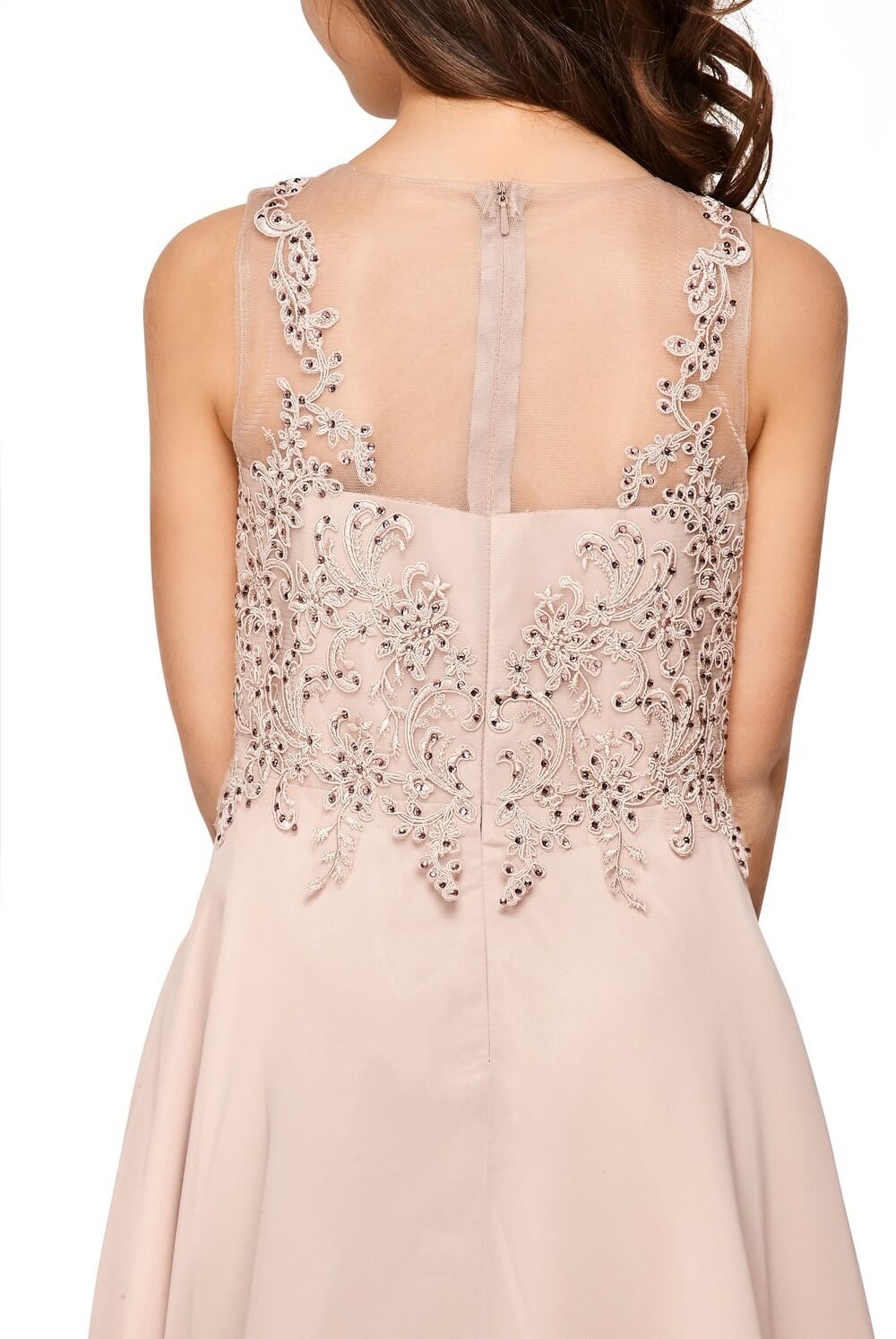 Taupe V Neck TMidi Length Chiffon Flower Girl Party Dress with Rhinestone Lace Bodice Cinderella Couture 5089