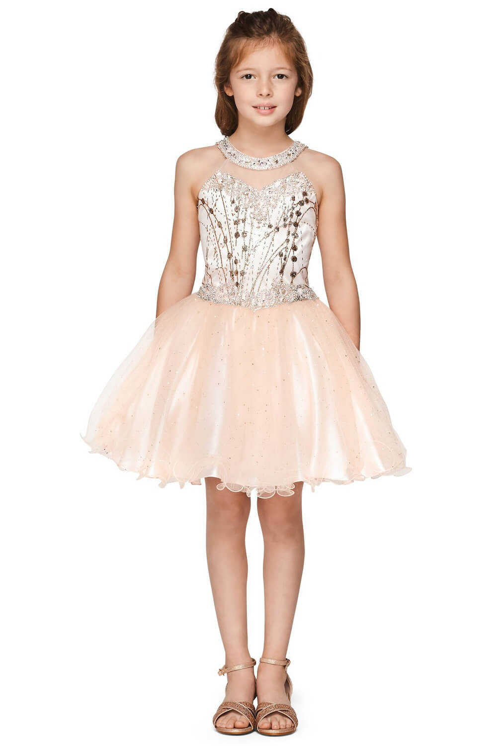Blush Halter Neck Short Glitter Tulle Flower Girl Party Dress with Rhinestone Bodice and Satin Tie Back Cinderella Couture 5090