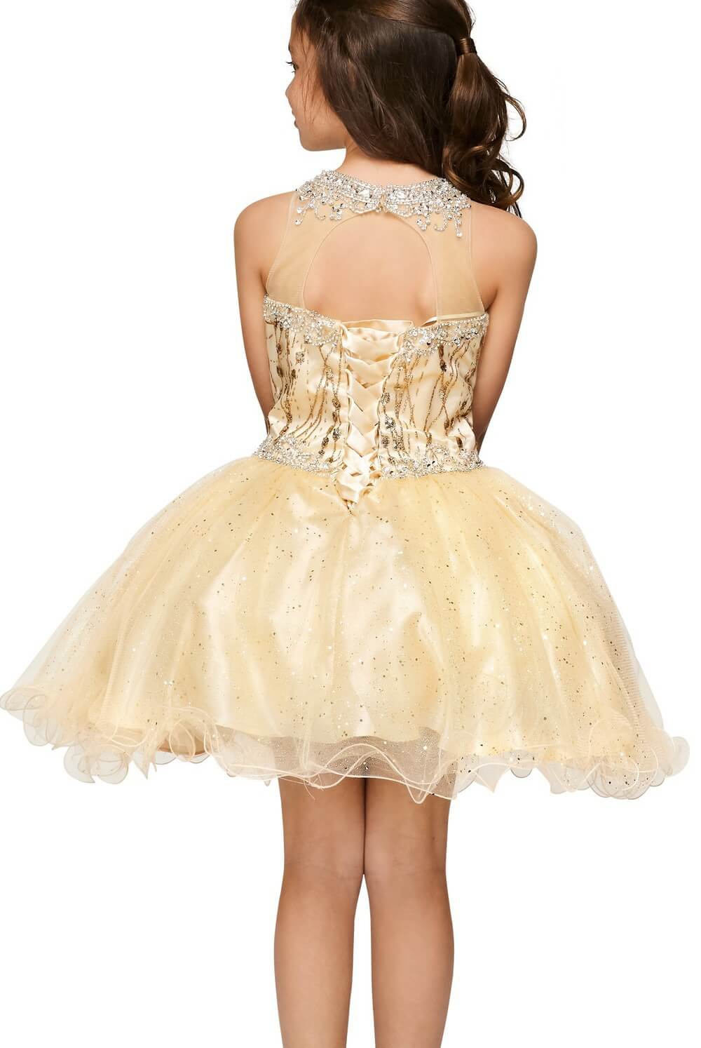 Champagne Halter Neck Short Glitter Tulle Flower Girl Party Dress with Rhinestone Bodice and Satin Tie Back Cinderella Couture 5090