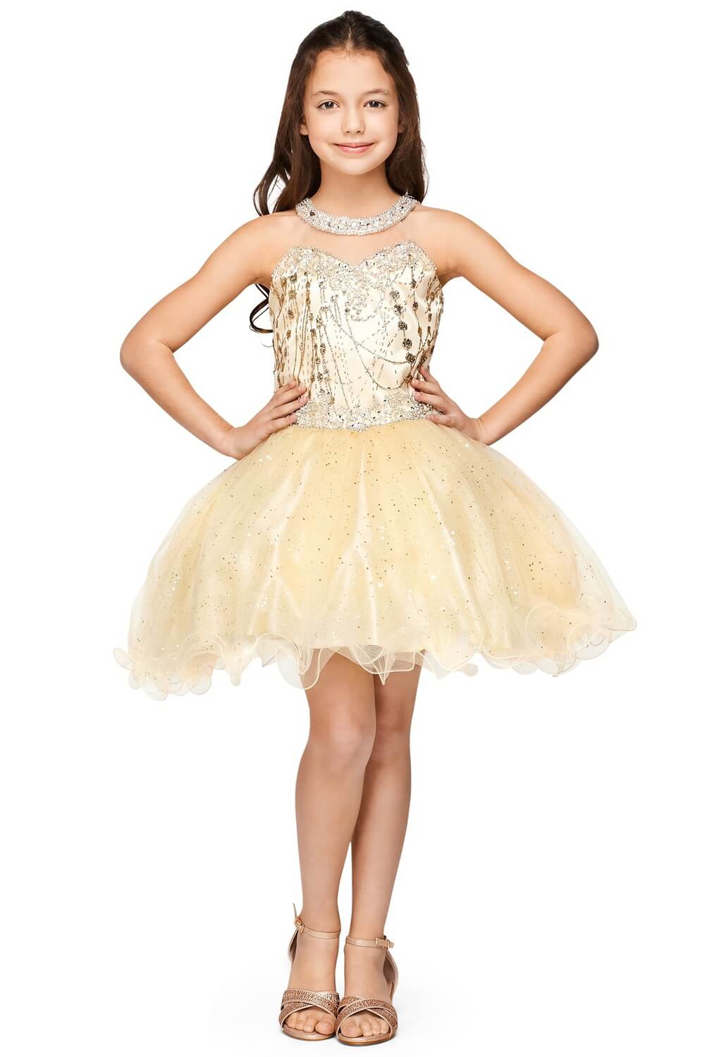 Champagne Halter Neck Short Glitter Tulle Flower Girl Party Dress with Rhinestone Bodice and Satin Tie Back Cinderella Couture 5090