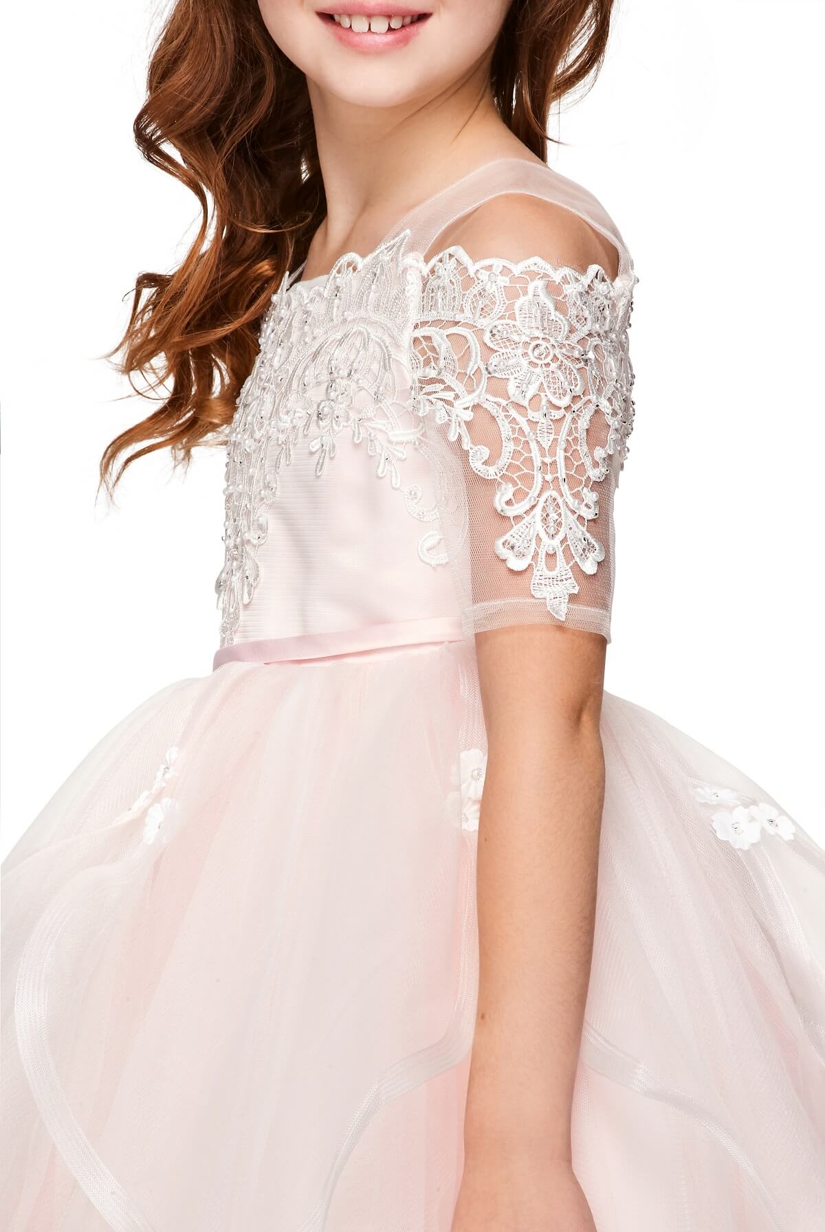 Pink Sweetheart Floor Length Embossed Tulle Flower Girl Dress with Detachable Train Sleeves Cinderella Couture 5091