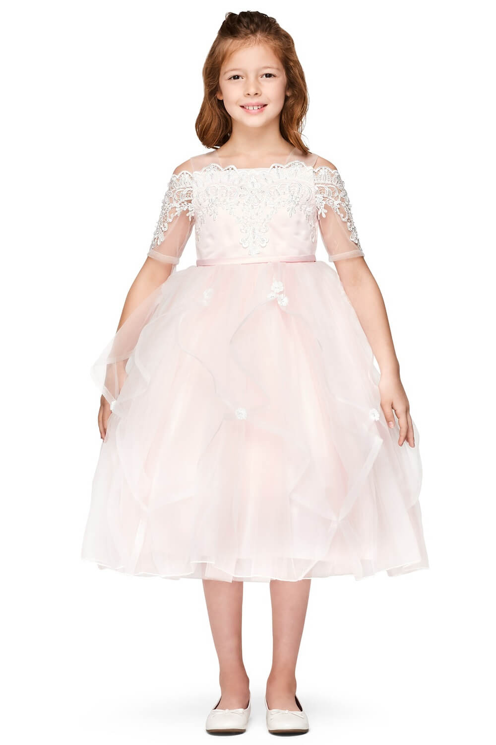 Pink Sweetheart Floor Length Embossed Tulle Flower Girl Dress with Detachable Train Sleeves Cinderella Couture 5091