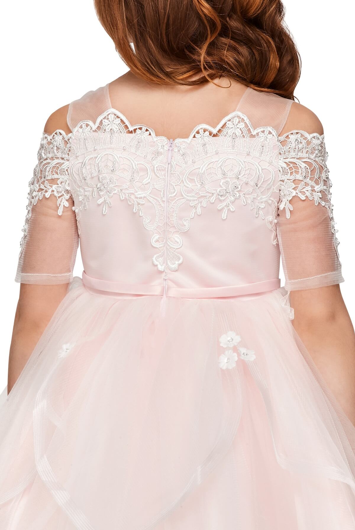 Pink Sweetheart Floor Length Embossed Tulle Flower Girl Dress with Detachable Train Sleeves Cinderella Couture 5091