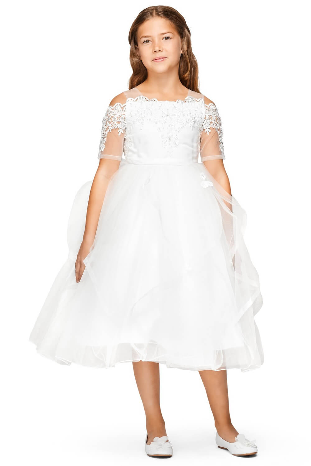 Off White Sweetheart Floor Length Embossed Tulle Flower Girl Dress with Detachable Train Sleeves Cinderella Couture 5091