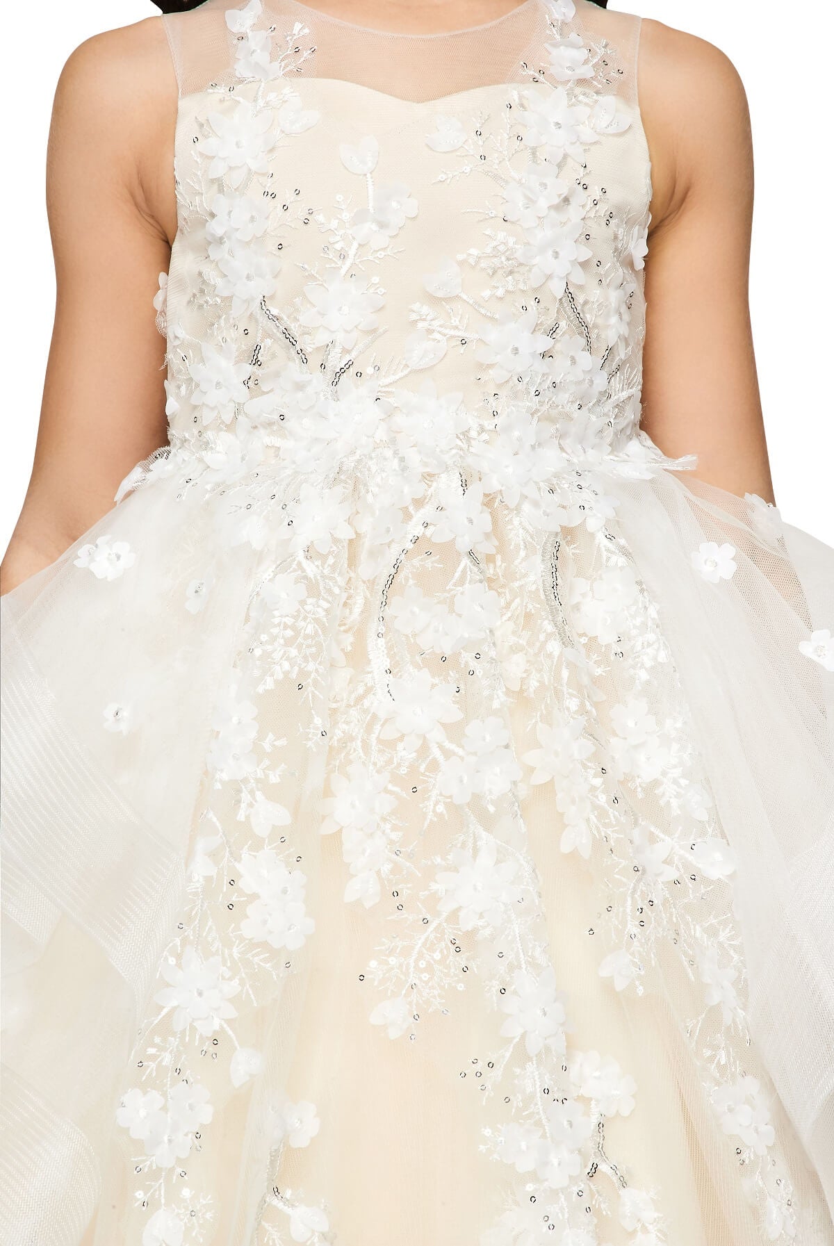 Champagne Illusion Round Neck High Low Tulle Flower Girl Dress with Removable Bow and 3D Lace Appliques Cinderella Couture 5093