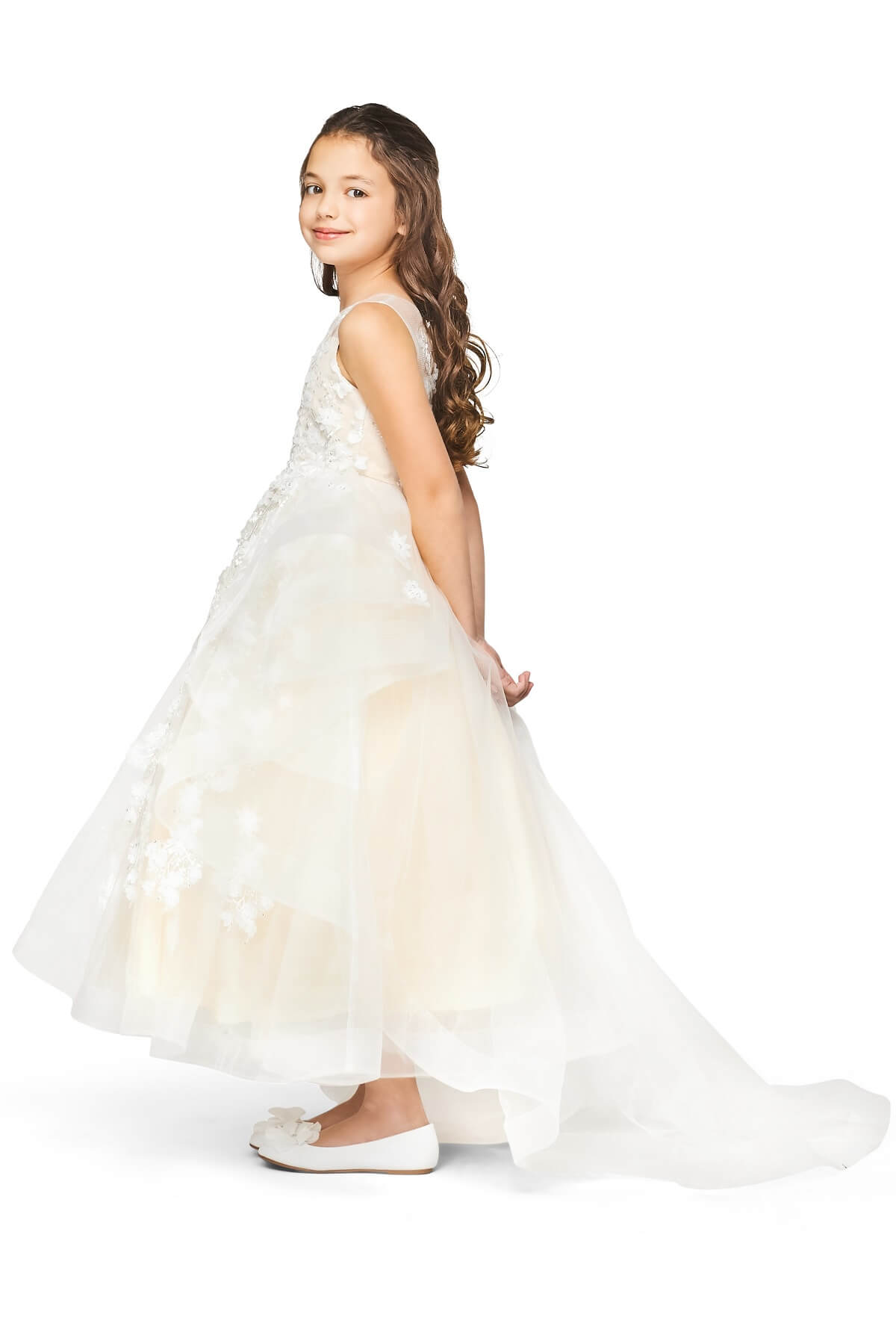 Champagne Illusion Round Neck High Low Tulle Flower Girl Dress with Removable Bow and 3D Lace Appliques Cinderella Couture 5093