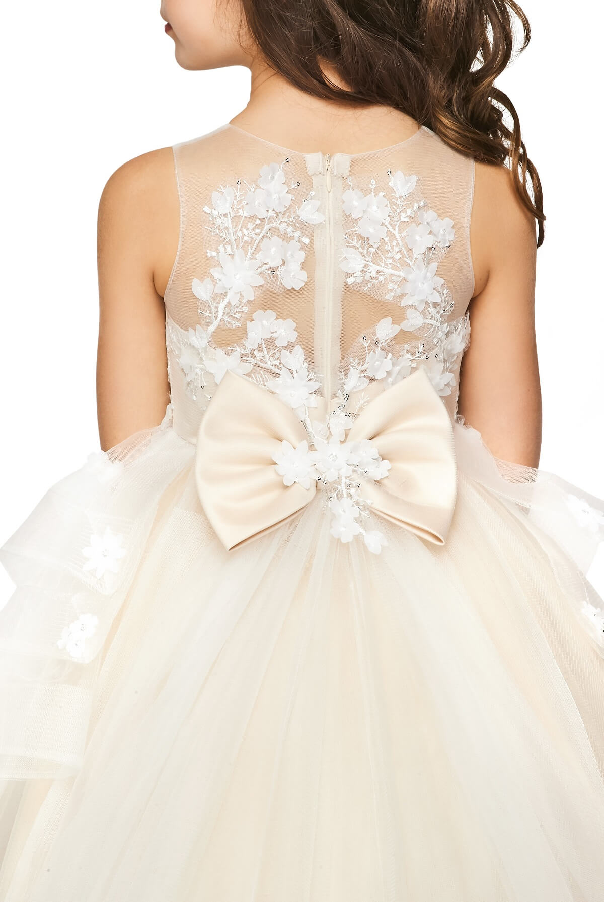 Champagne Illusion Round Neck High Low Tulle Flower Girl Dress with Removable Bow and 3D Lace Appliques Cinderella Couture 5093